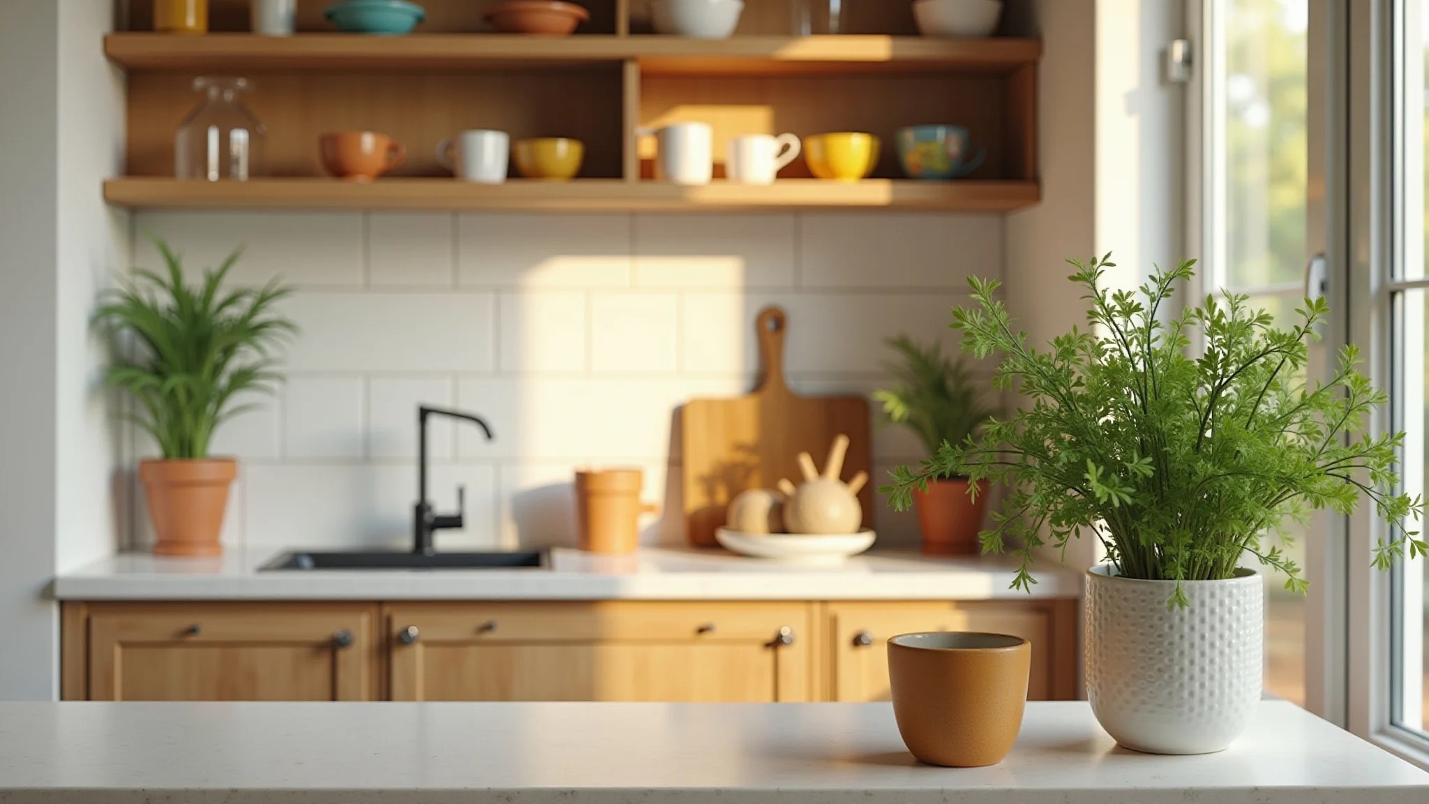 Cozinha bege com louça colorida e ervas aromáticas na bancada.