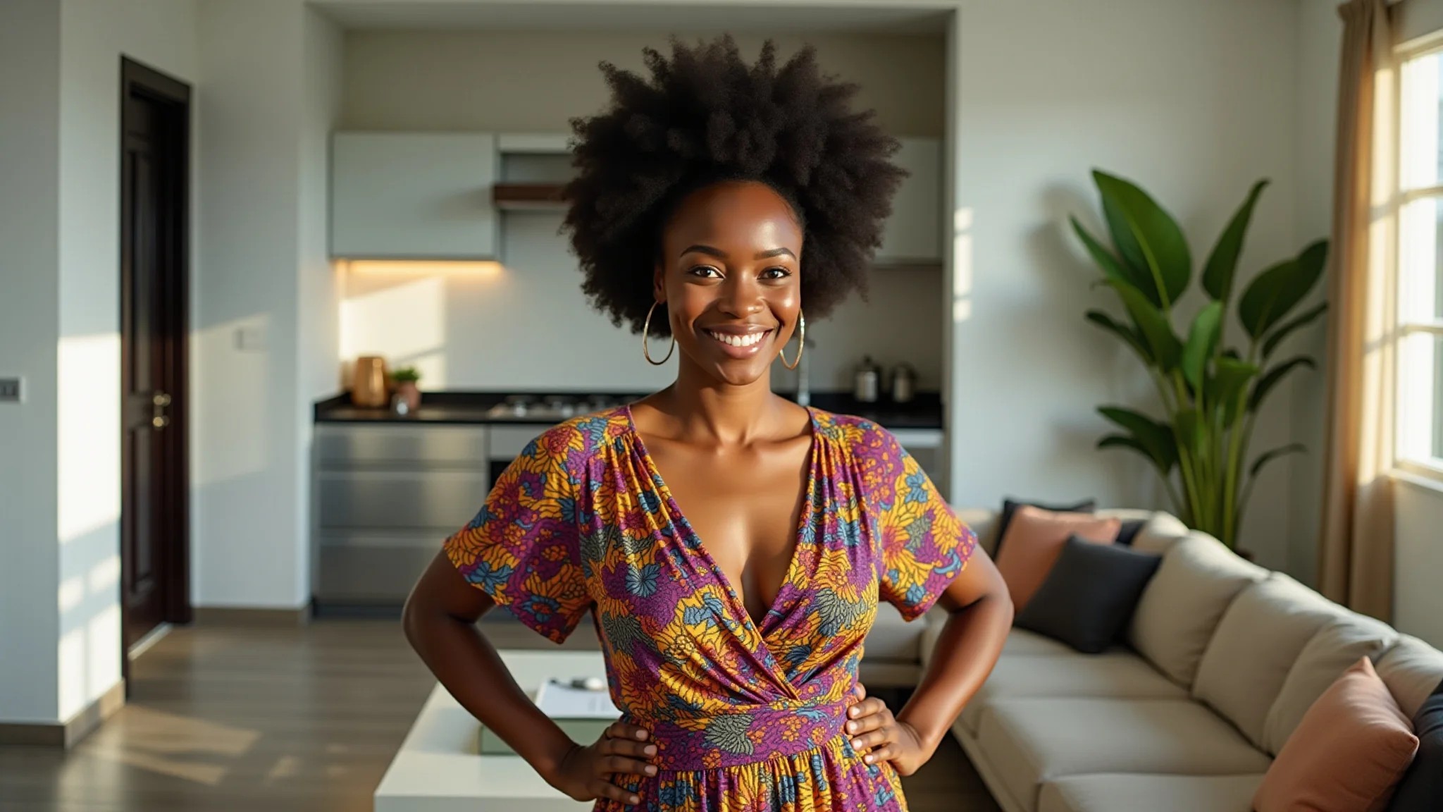 Mulher negra com vestido vibrante de estampa africana em apartamento moderno brasileiro.