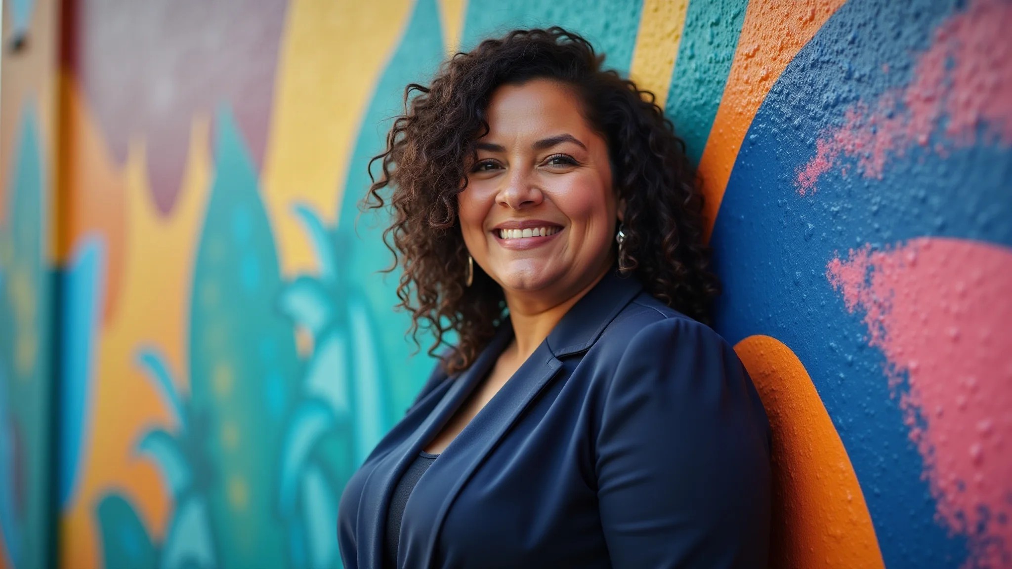 Mulher brasileira plus size com look monocromático em frente a mural vibrante no Rio.