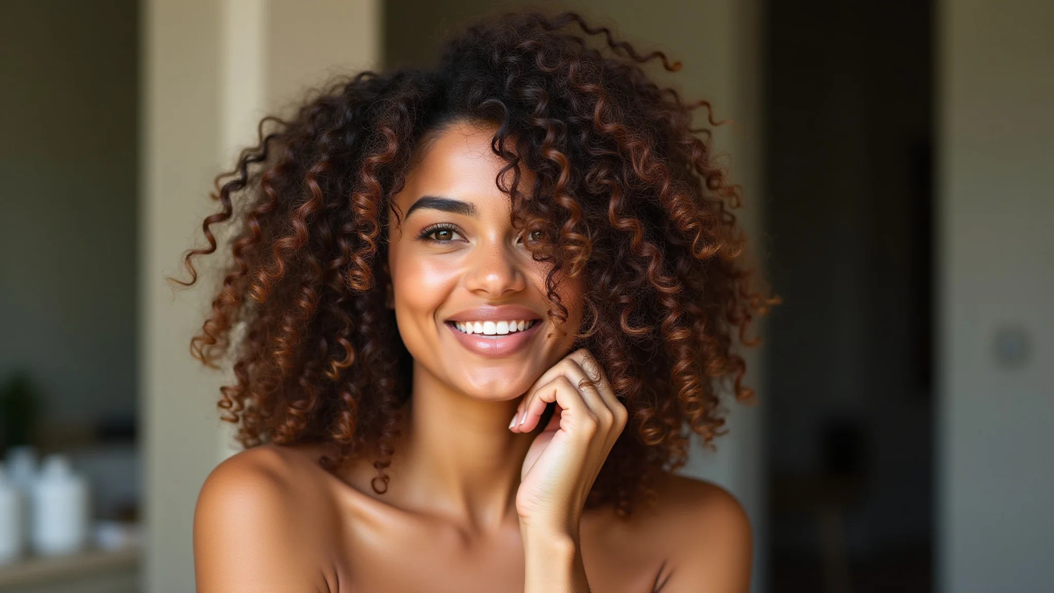 Brasileira com cachos volumosos usando ativador e creme para cachos definidos.