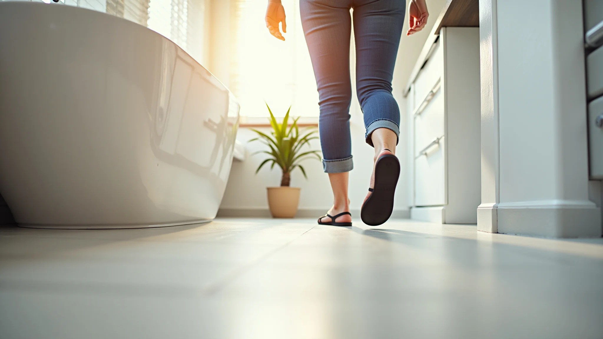 Mulher caminhando com segurança em piso vinílico antiderrapante no banheiro.