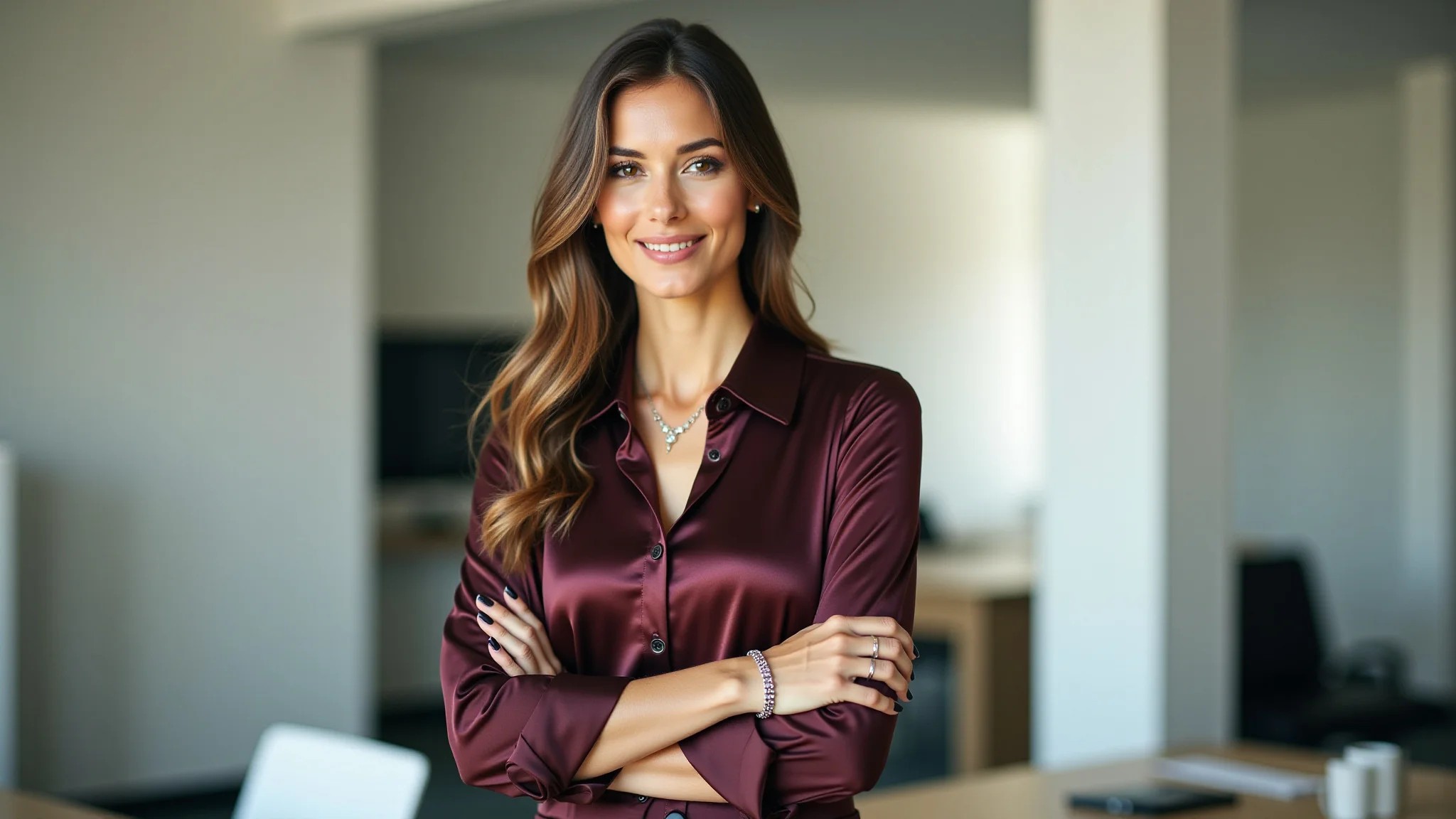 Empresária com calça clochard e blusa de seda em escritório moderno.