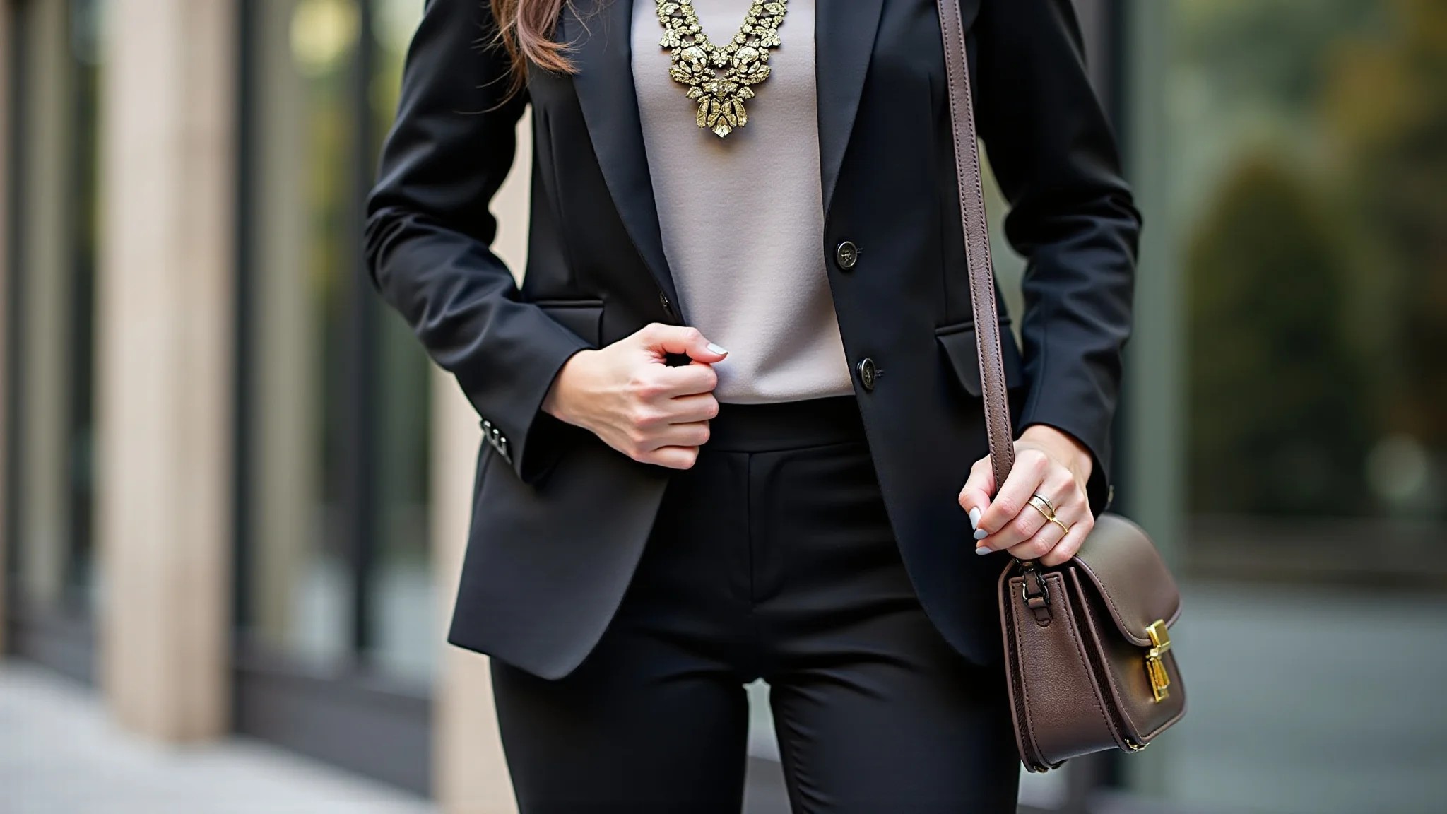 Detalhe de acessórios combinados com blazer e calça de alfaiataria.