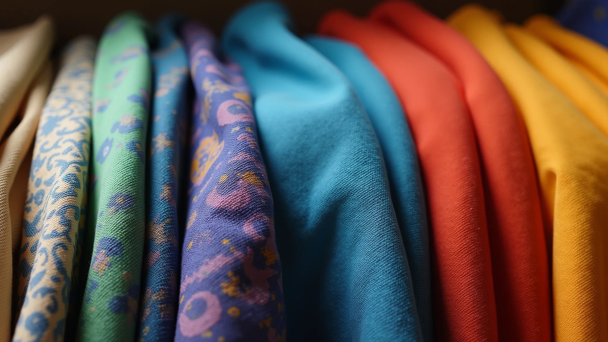 Tecidos coloridos (azul/laranja, vermelho/verde, amarelo/roxo) em oficina de artesão brasileiro.