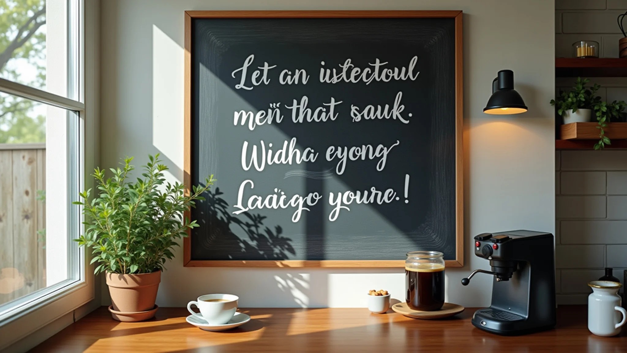 Cantinho do café com quadro negro e acessórios temáticos de café.