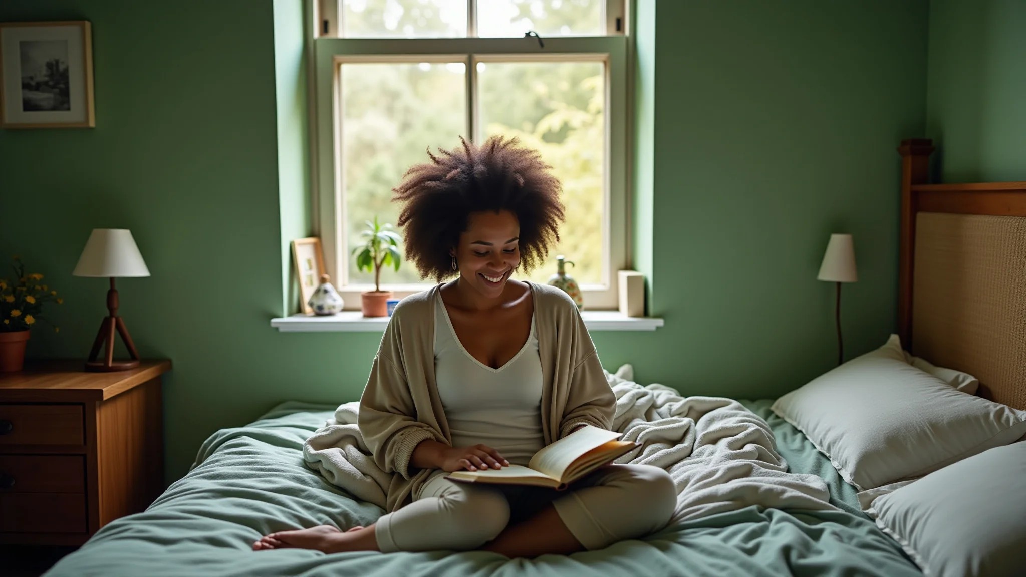Mulher relaxando em um quarto verde aconchegante com luz natural suave.