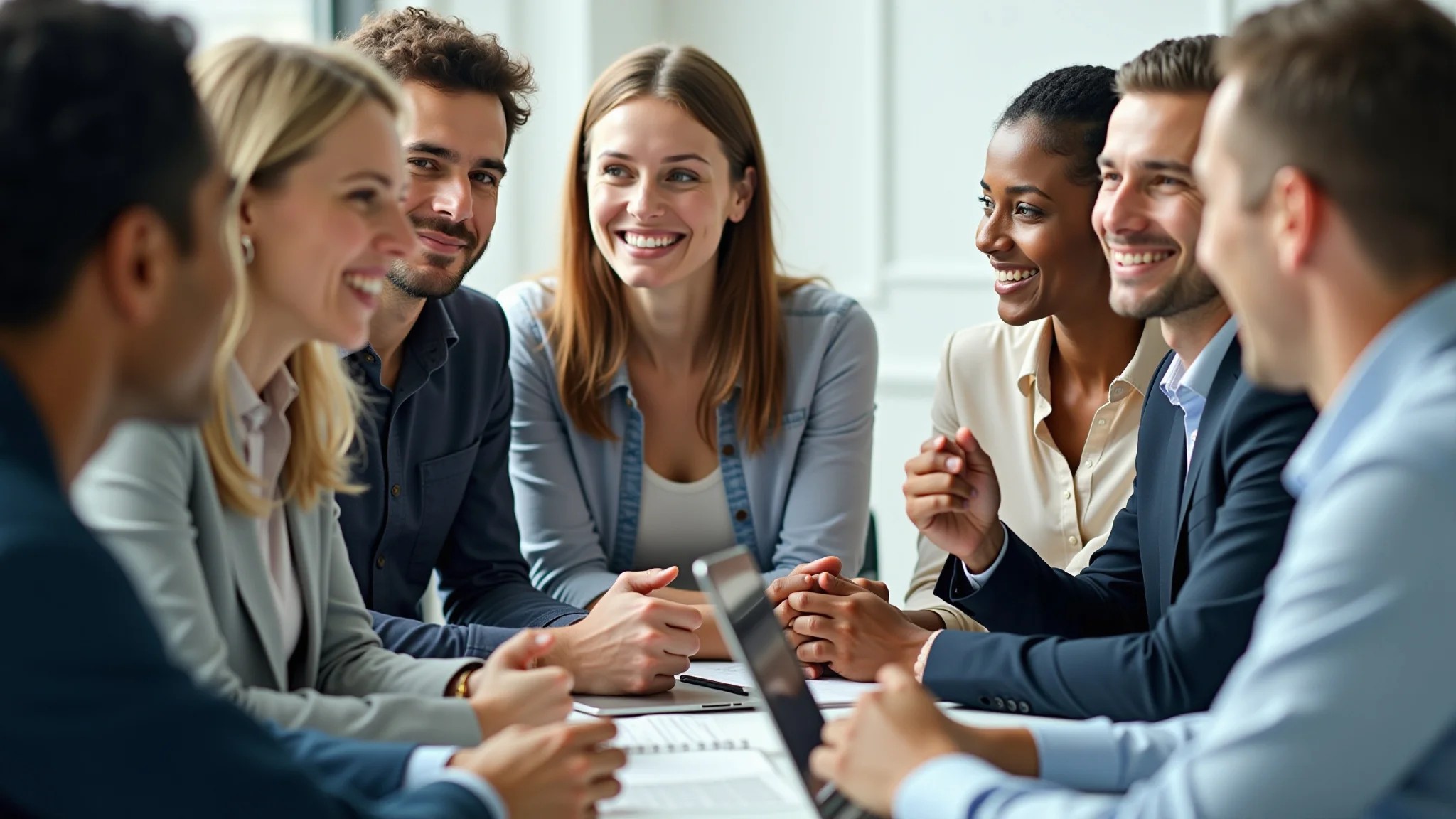 Grupo diverso de profissionais em reunião, com roupas business casual.