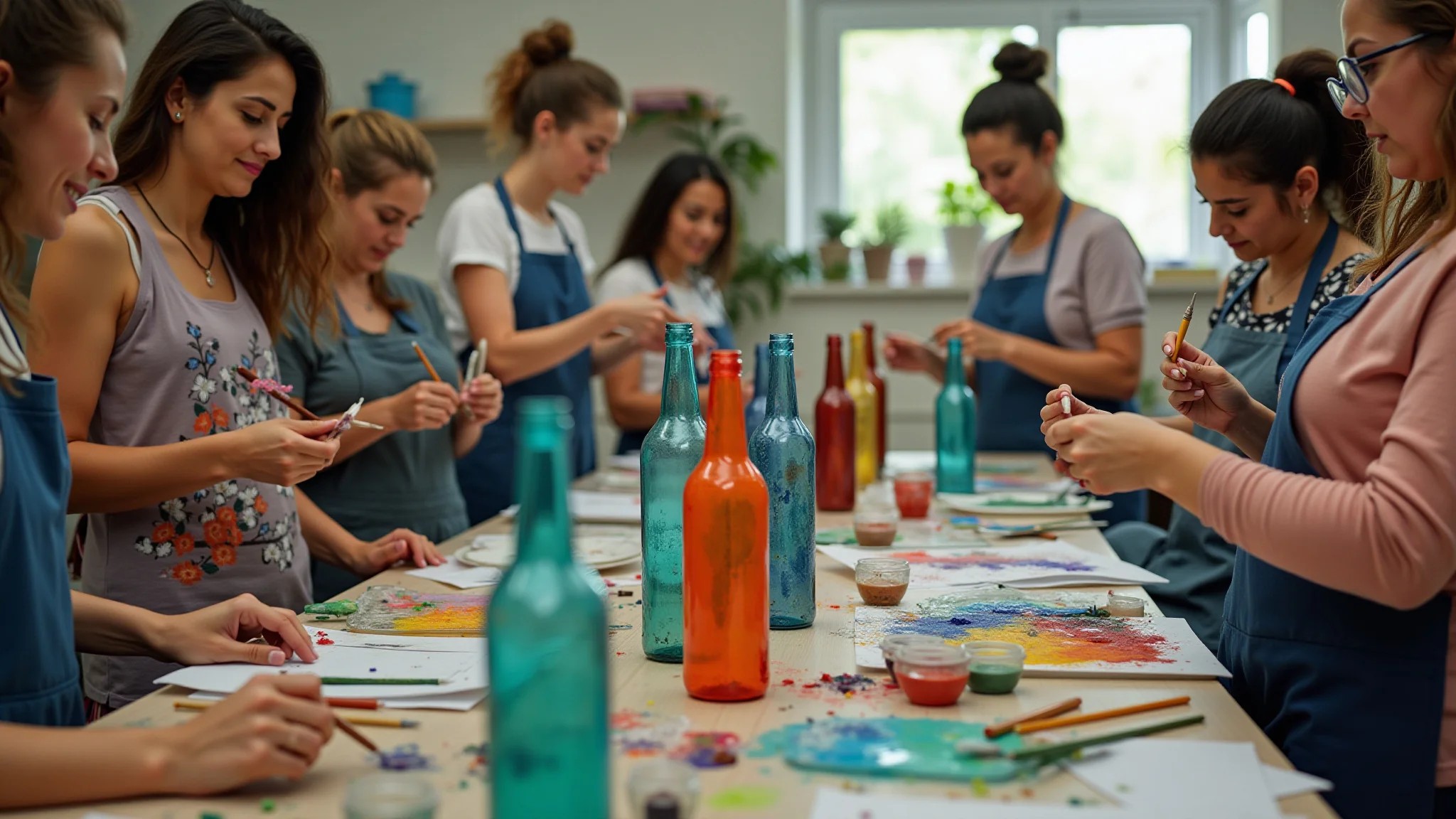 Grupo de mulheres criando arte com garrafas de vidro em estúdio.