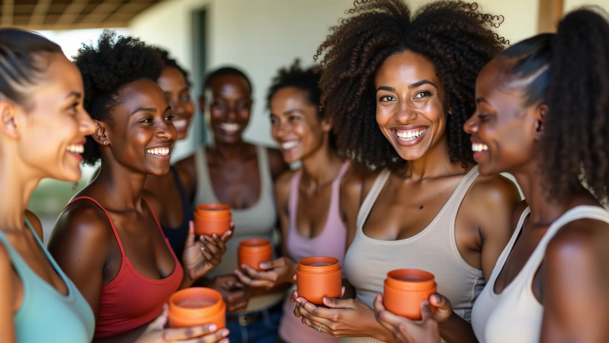 Grupo diverso de mulheres sorrindo, mostrando produtos de argila vermelha para cuidados com a pele.