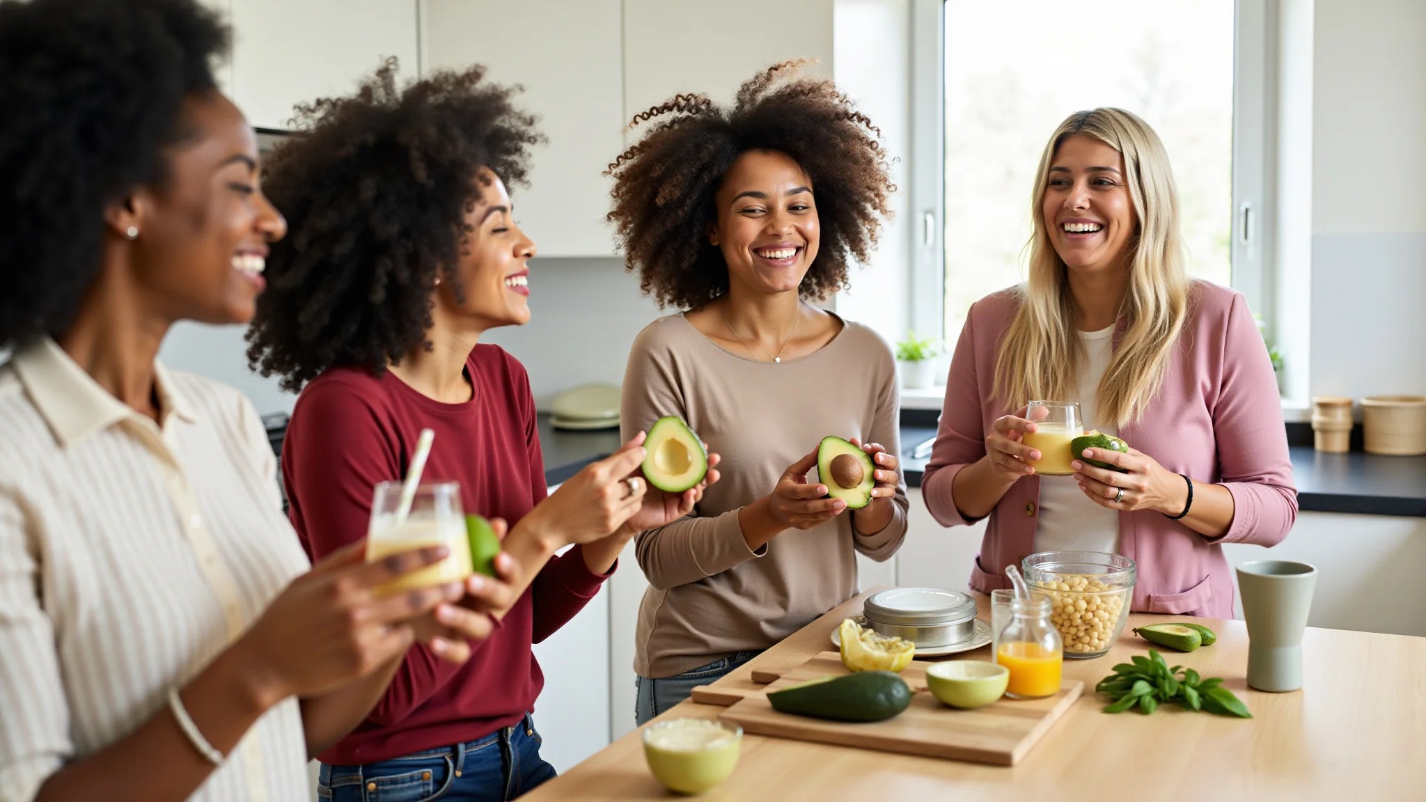 Mulheres diversas preparando máscaras capilares caseiras com ingredientes naturais.