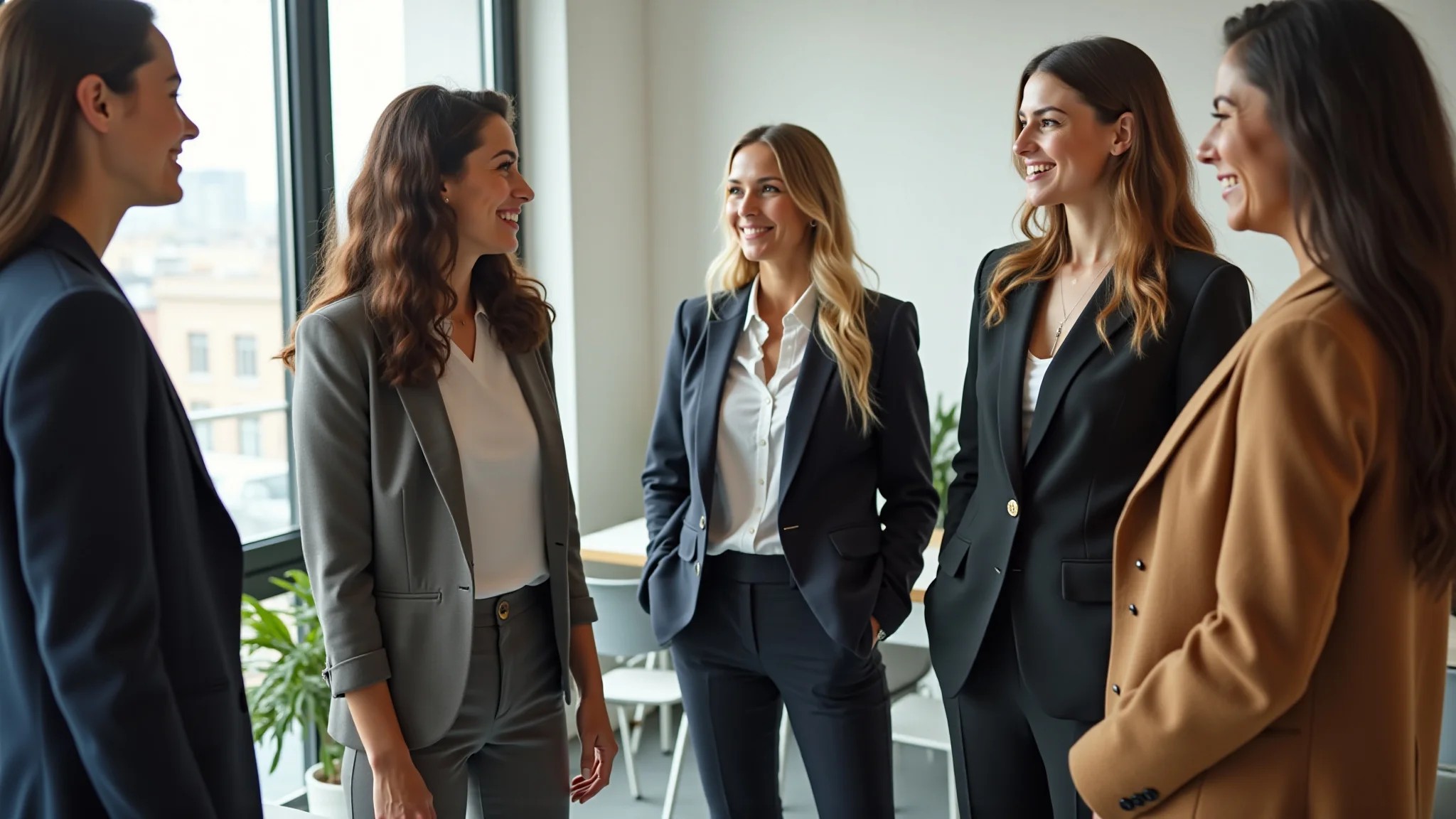 Mulheres diversas em blazers e calças de alfaiataria em escritório moderno.