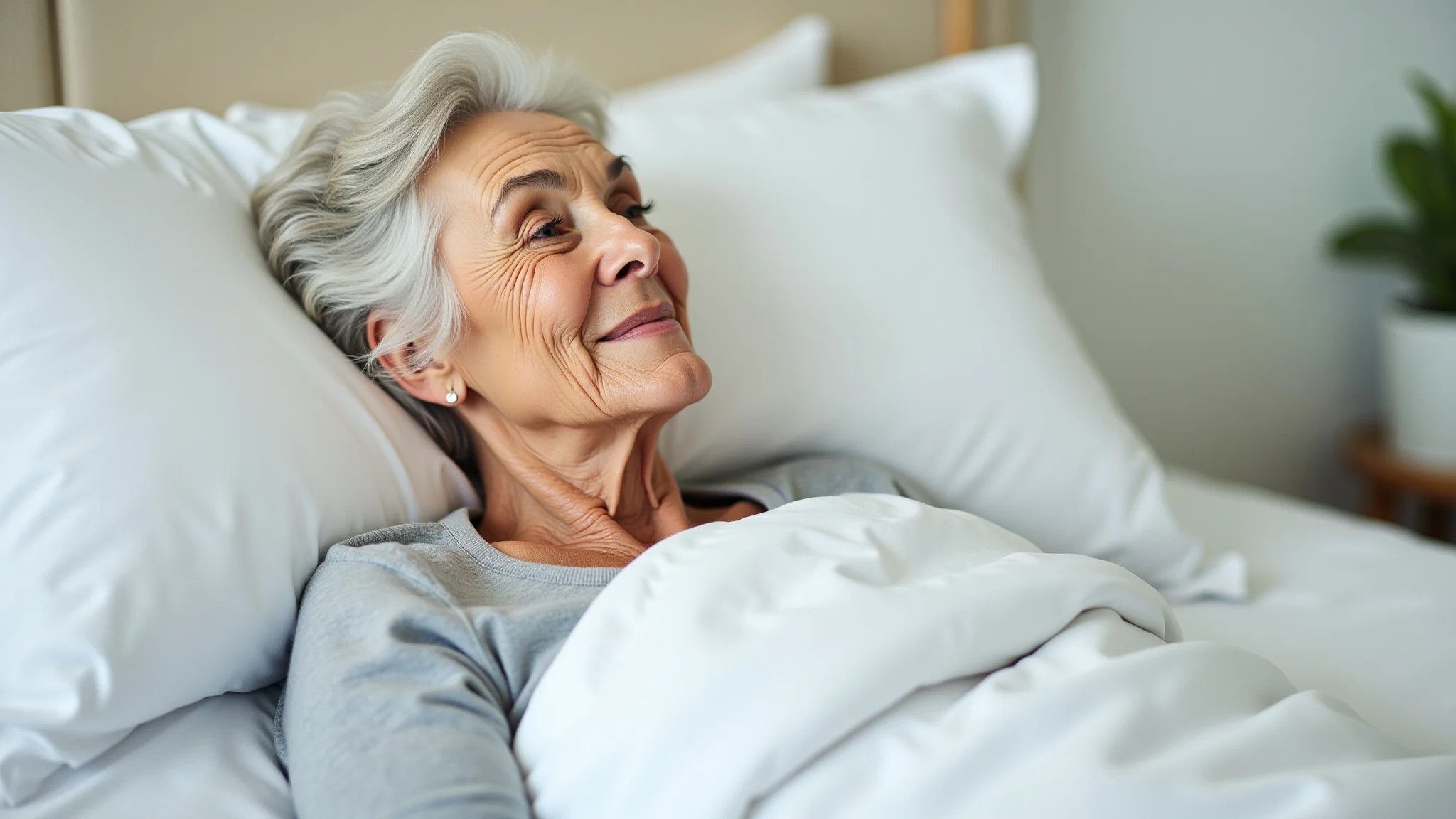 Idosa relaxando na cama com roupa de cama de algodão egípcio, cena confortável.