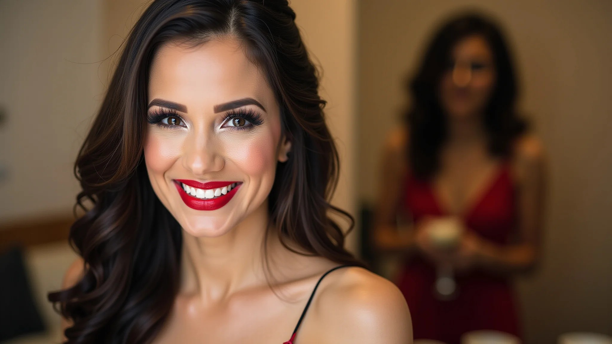 Mulher elegante com maquiagem de festa, batom vermelho e sorriso confiante, pronta para casamento.