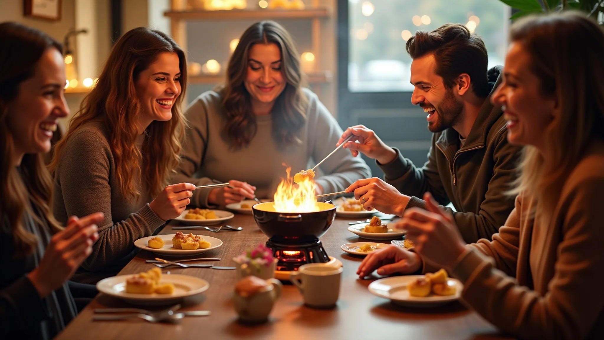 Amigos rindo e comendo fondue em Campos do Jordão, com roupas de inverno estilosas.