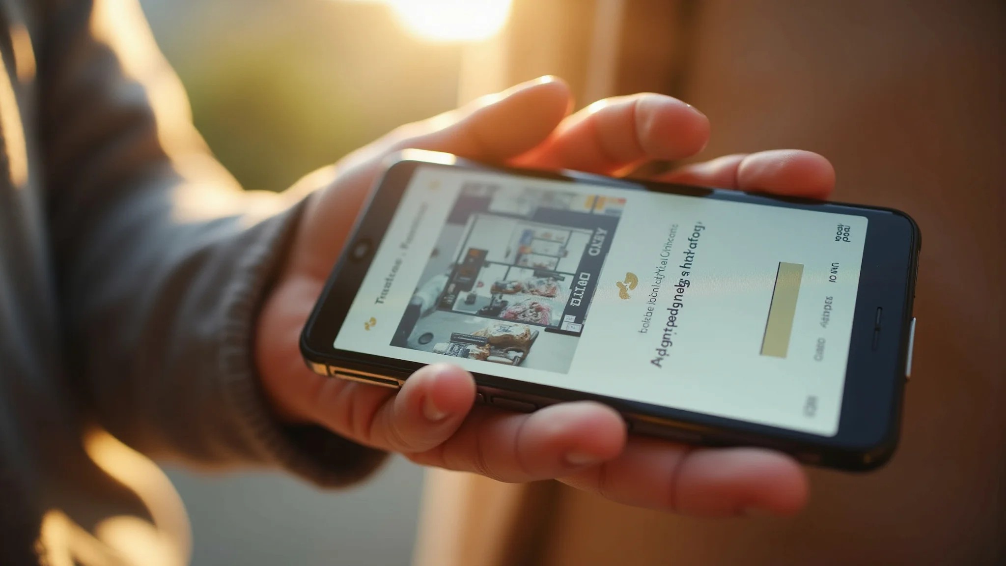 Mãos segurando smartphone com interface de brechó online confiável.