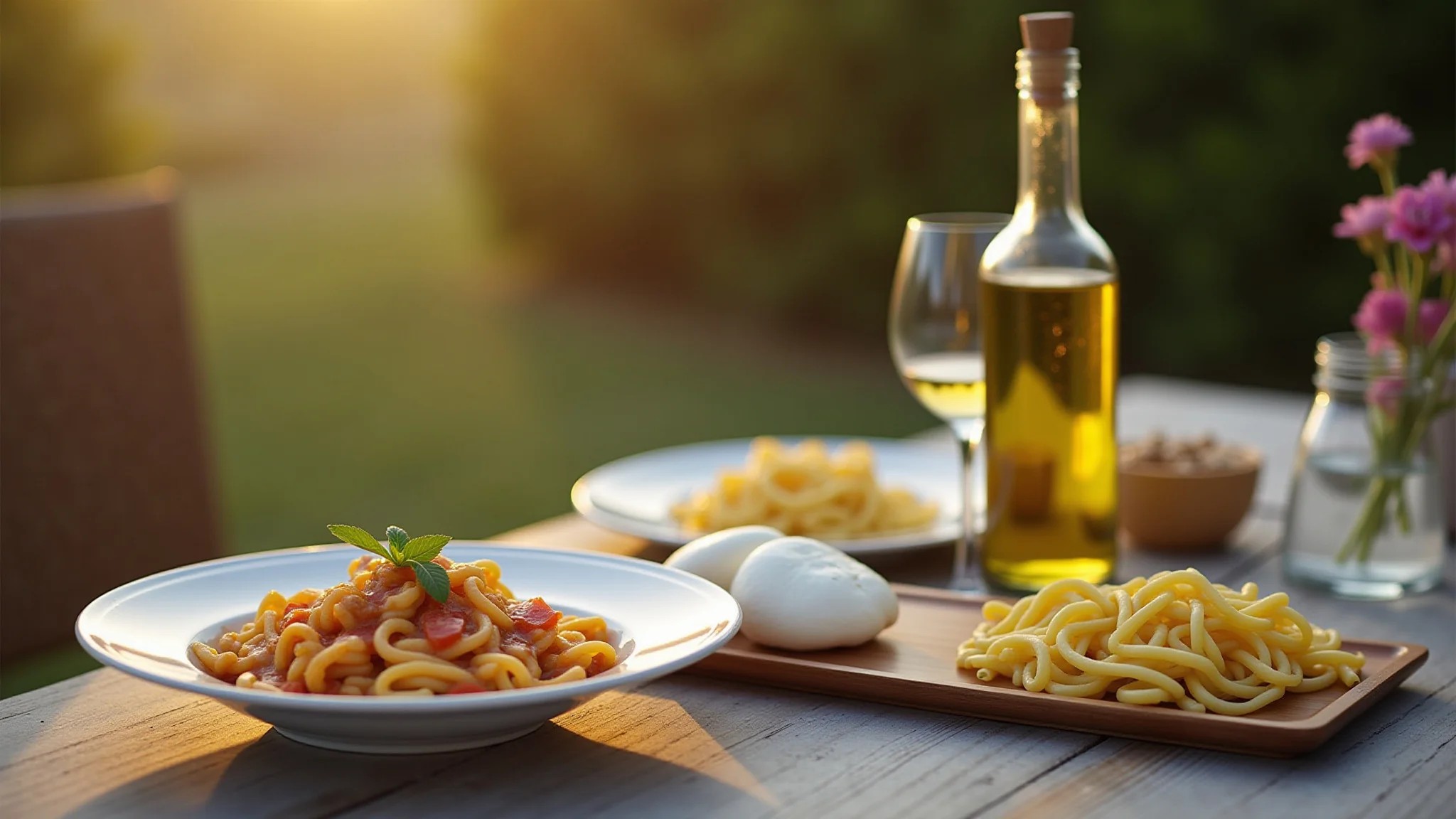 Mesa posta com orecchiette, burrata e azeite local na Puglia.