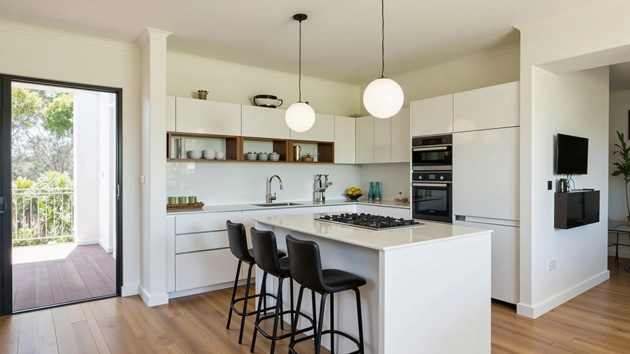 Cozinha integrada com ilha central e cooktop, eletrodomésticos modernos e estilo brasileiro.
