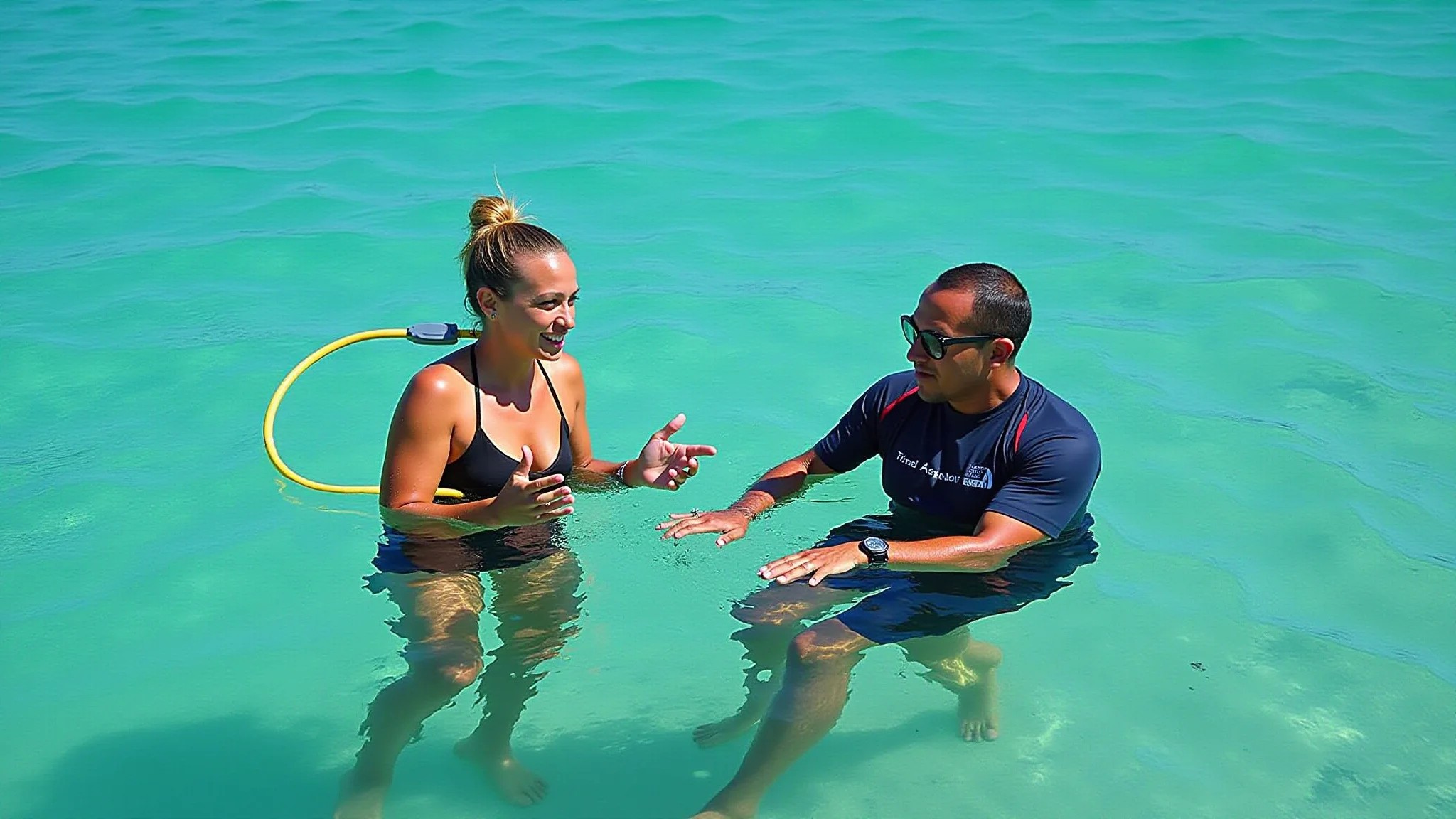Mulher fazendo curso de mergulho nas Islas de la Bahia, Honduras, águas turquesa.