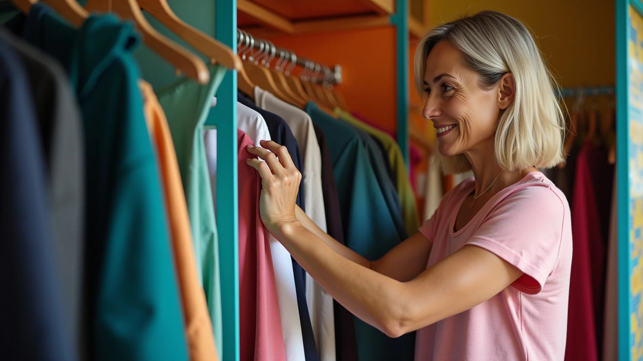 Mulher de meia-idade organizando roupas em um guarda-roupa colorido e bem iluminado.