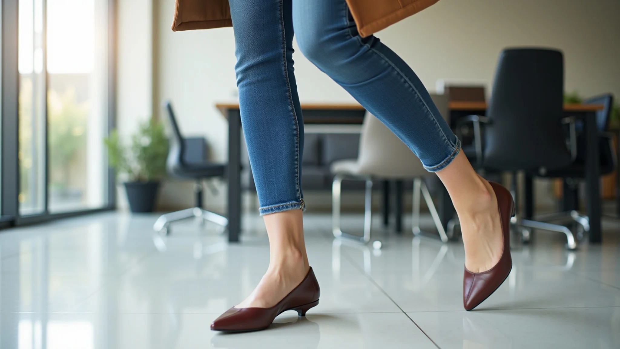Mulher de meia-idade usando sapatilha bico fino no ambiente de trabalho.