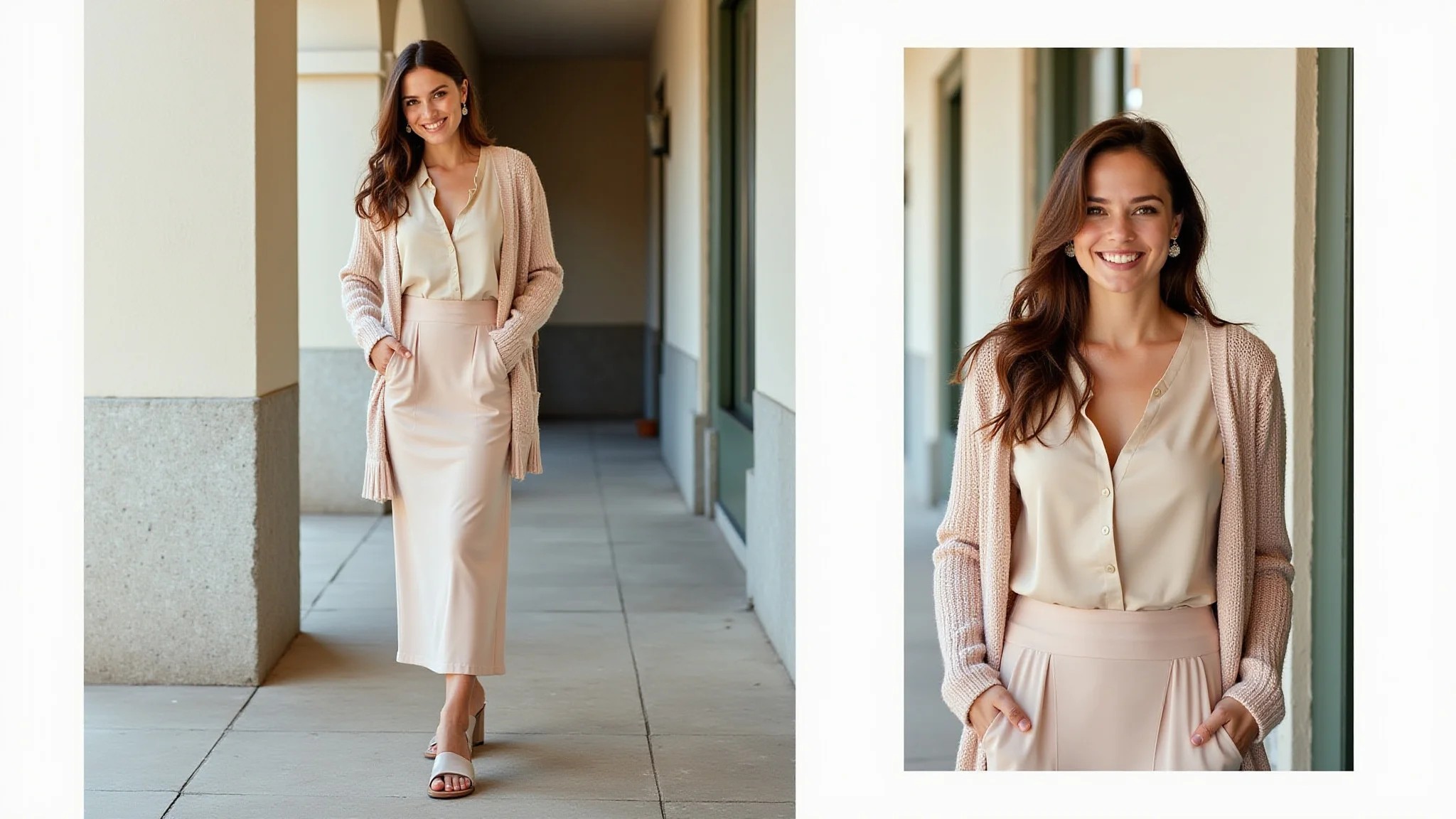 Look comfy chic casual: saia midi, blusa de seda, cardigan e sandálias.