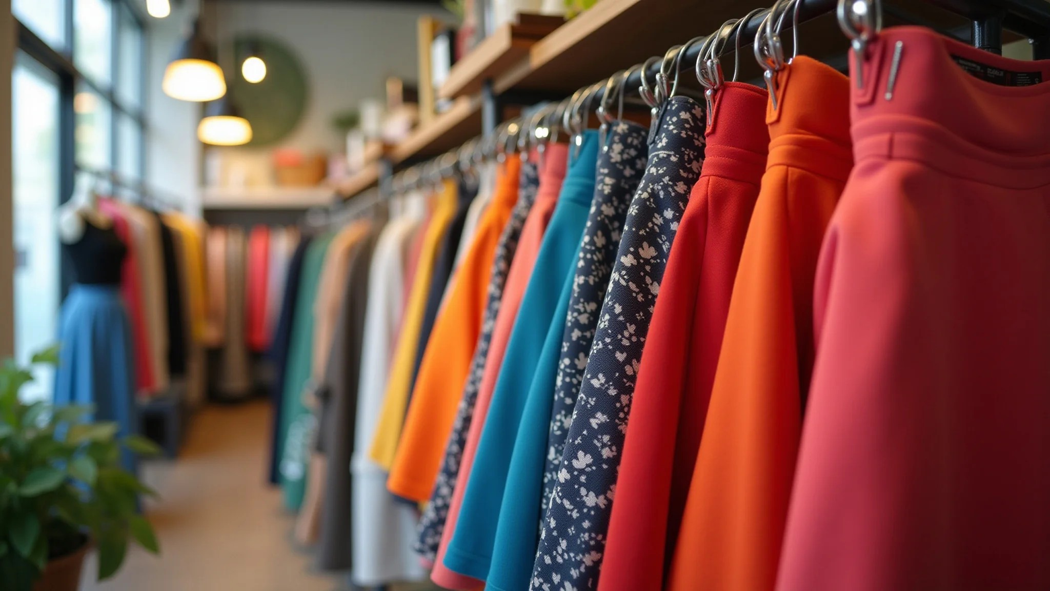 Minissaia exposta em boutique brasileira moderna, cores vibrantes, estilo Farm Rio.