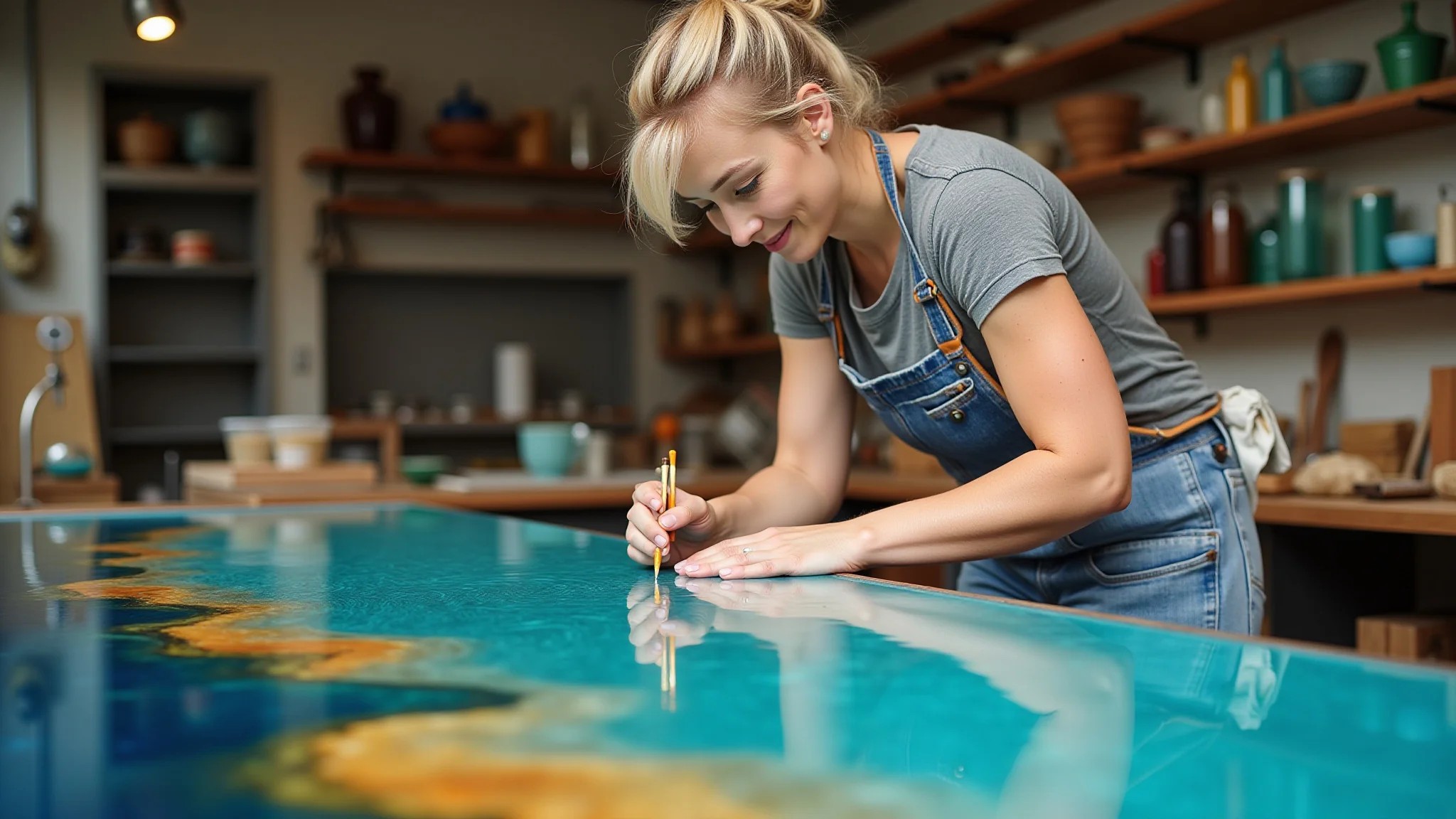 Artesã criando mesa resinada (river table) com resina epóxi colorida em ambiente de trabalho iluminado.