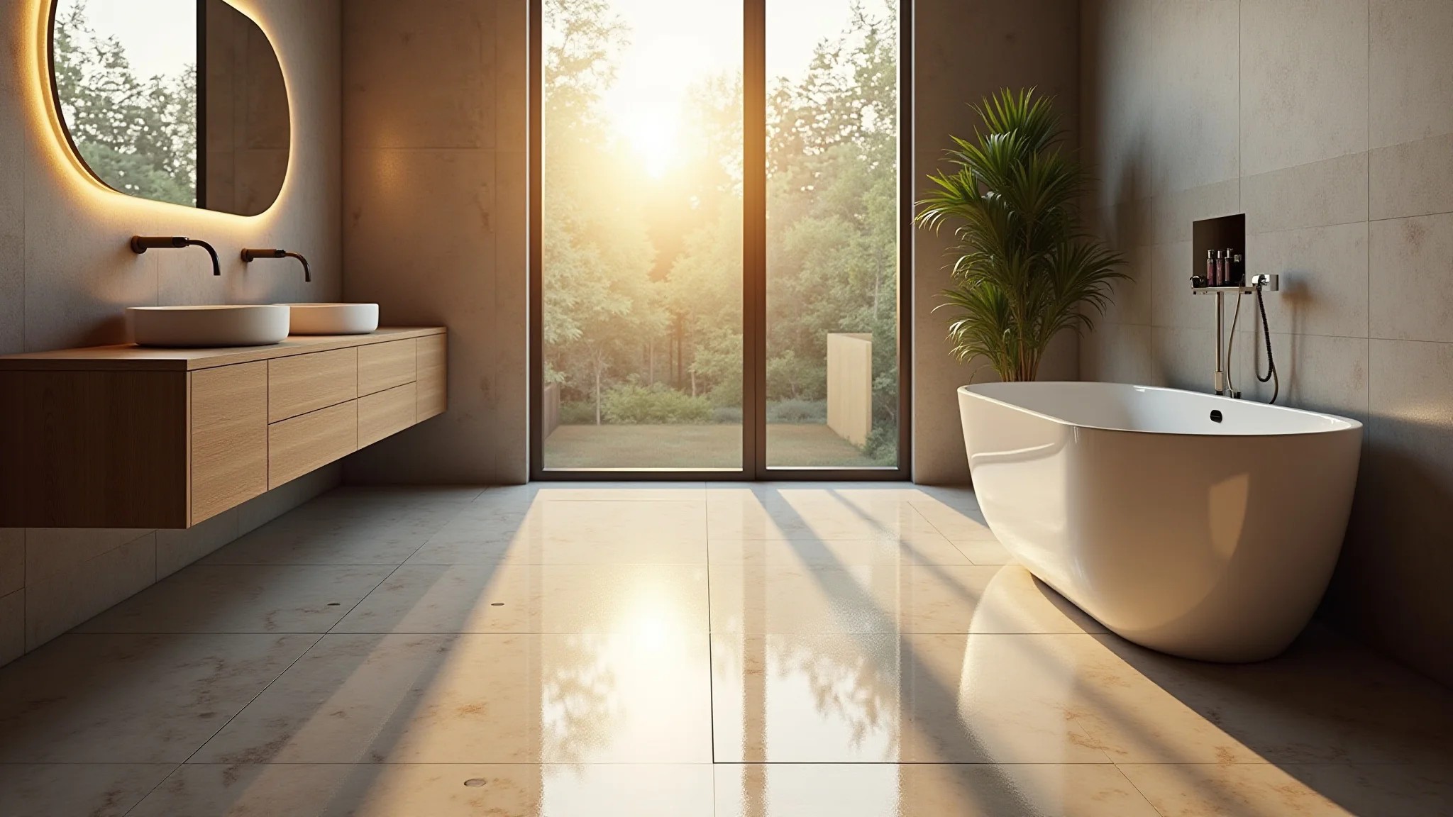 Banheiro com piso de porcelanato líquido impermeável e iluminação suave.