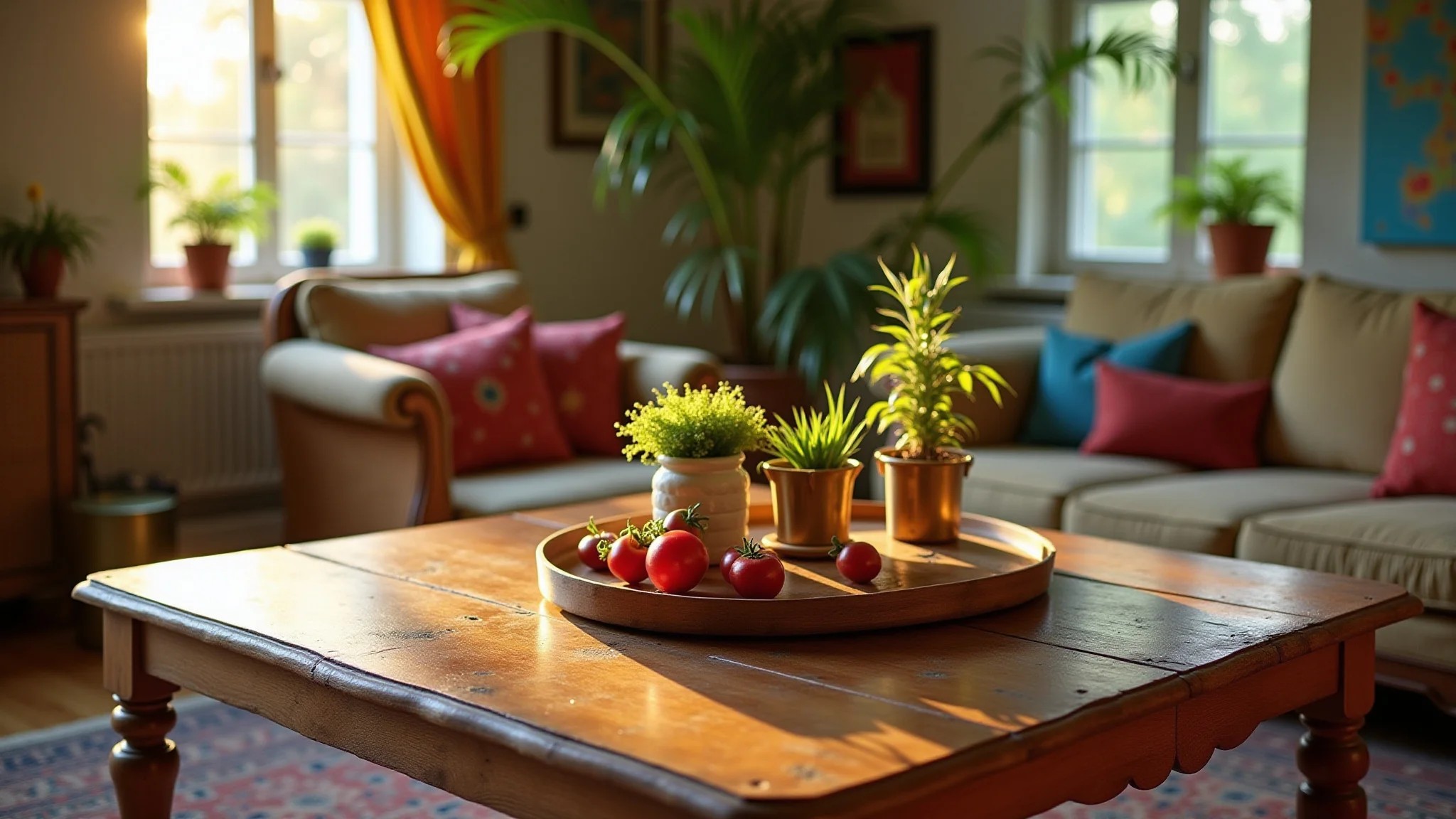 Mesa antiga restaurada em sala de estar com decoração colorida e plantas.