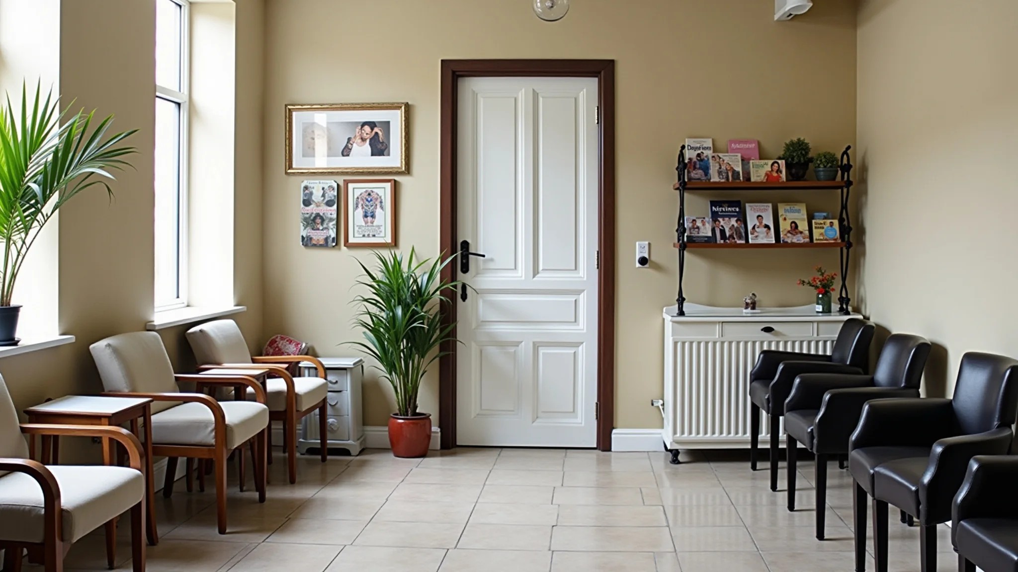 Área de espera de salão de beleza com poltronas confortáveis e decoração aconchegante.