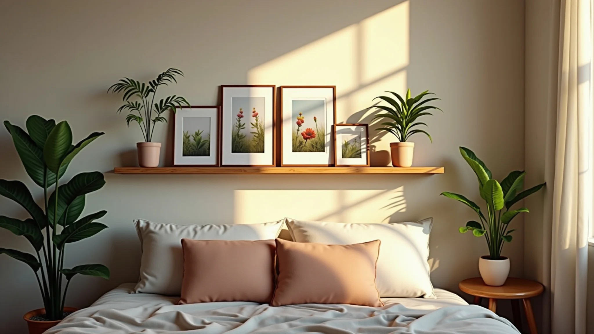 Canto de quarto com fotos emolduradas, plantas e luz dourada suave.