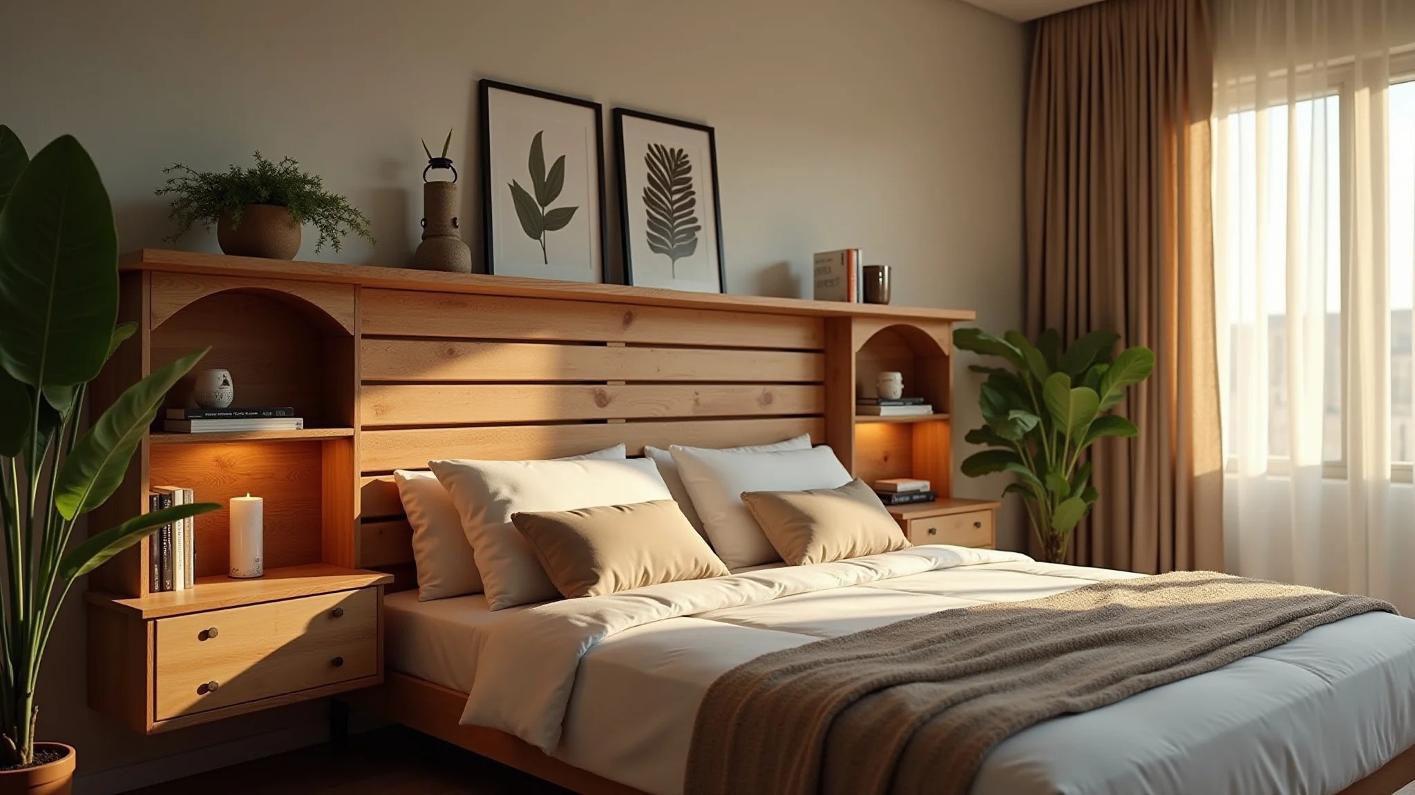 Cabeceira de pallet com prateleiras em quarto com decoração brasileira.