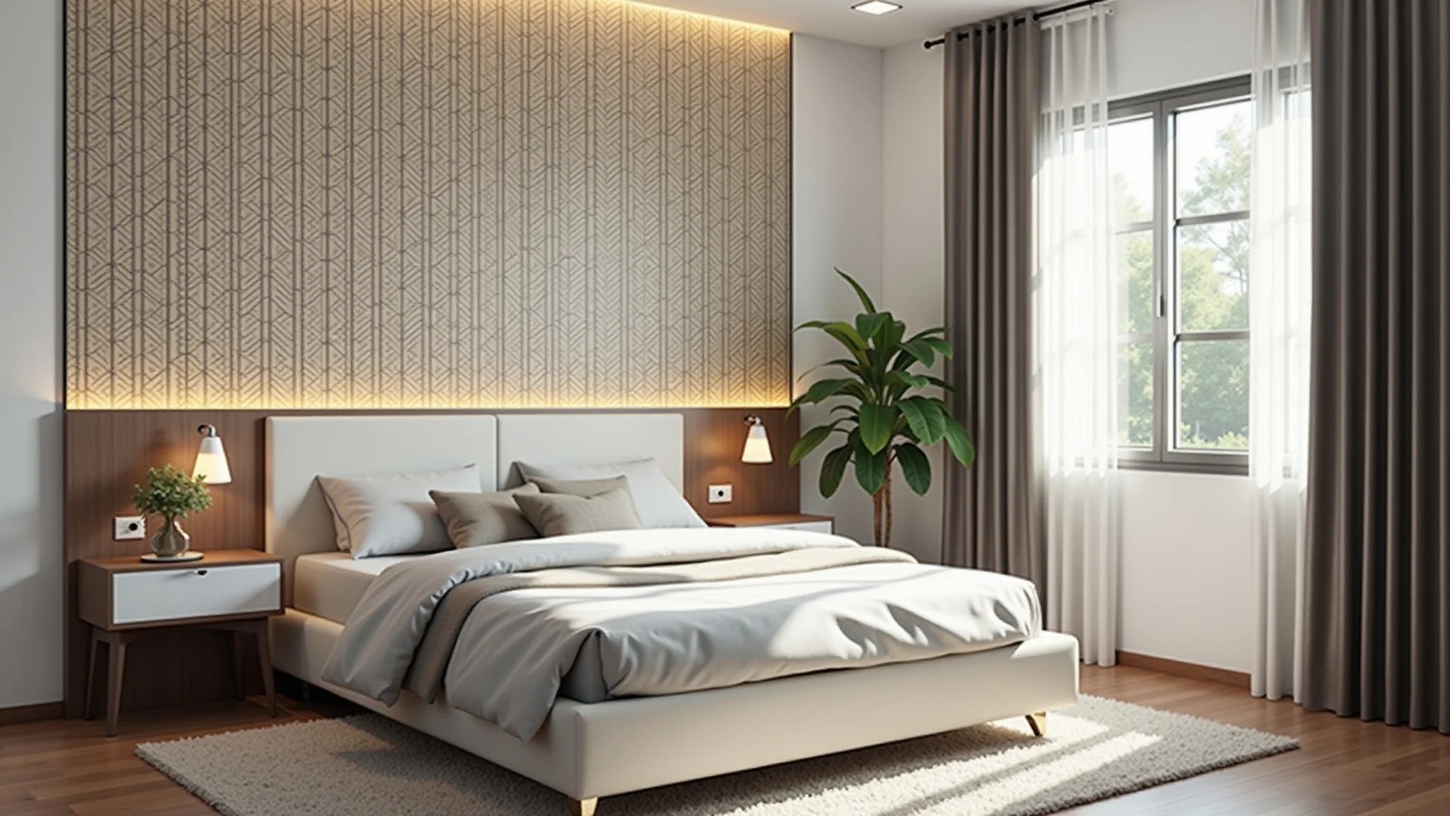 Quarto com papel de parede geométrico e design moderno brasileiro.