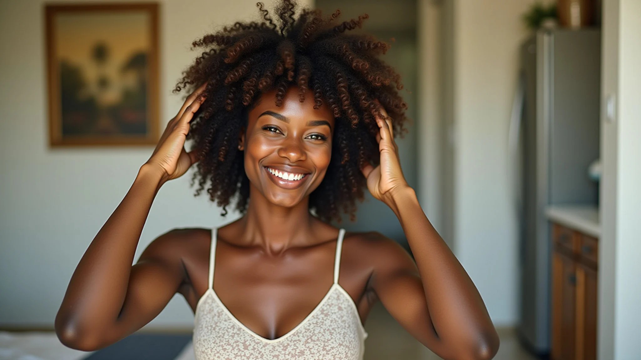 Mulher negra aplicando óleo de coco no cabelo 4A em casa com decoração vibrante.