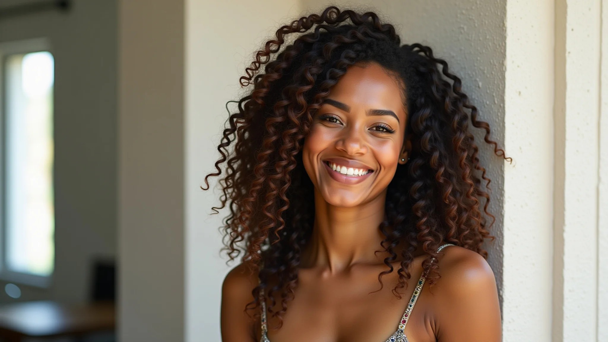 Mulher negra brasileira sorrindo com tranças nagô elaboradas em cabelo cacheado.