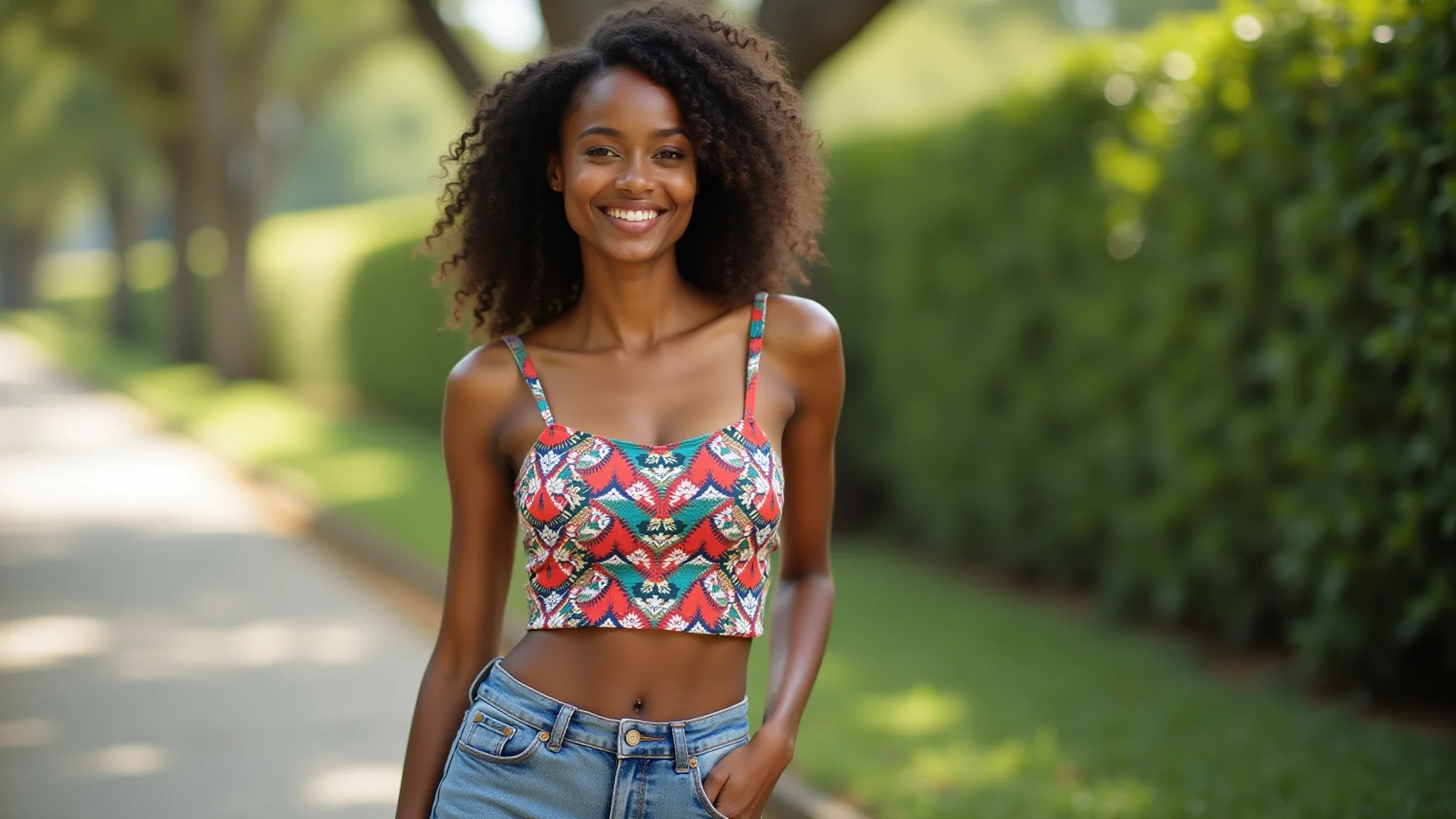 Mulher negra com cropped colorido e shorts jeans, estilo verão brasileiro.