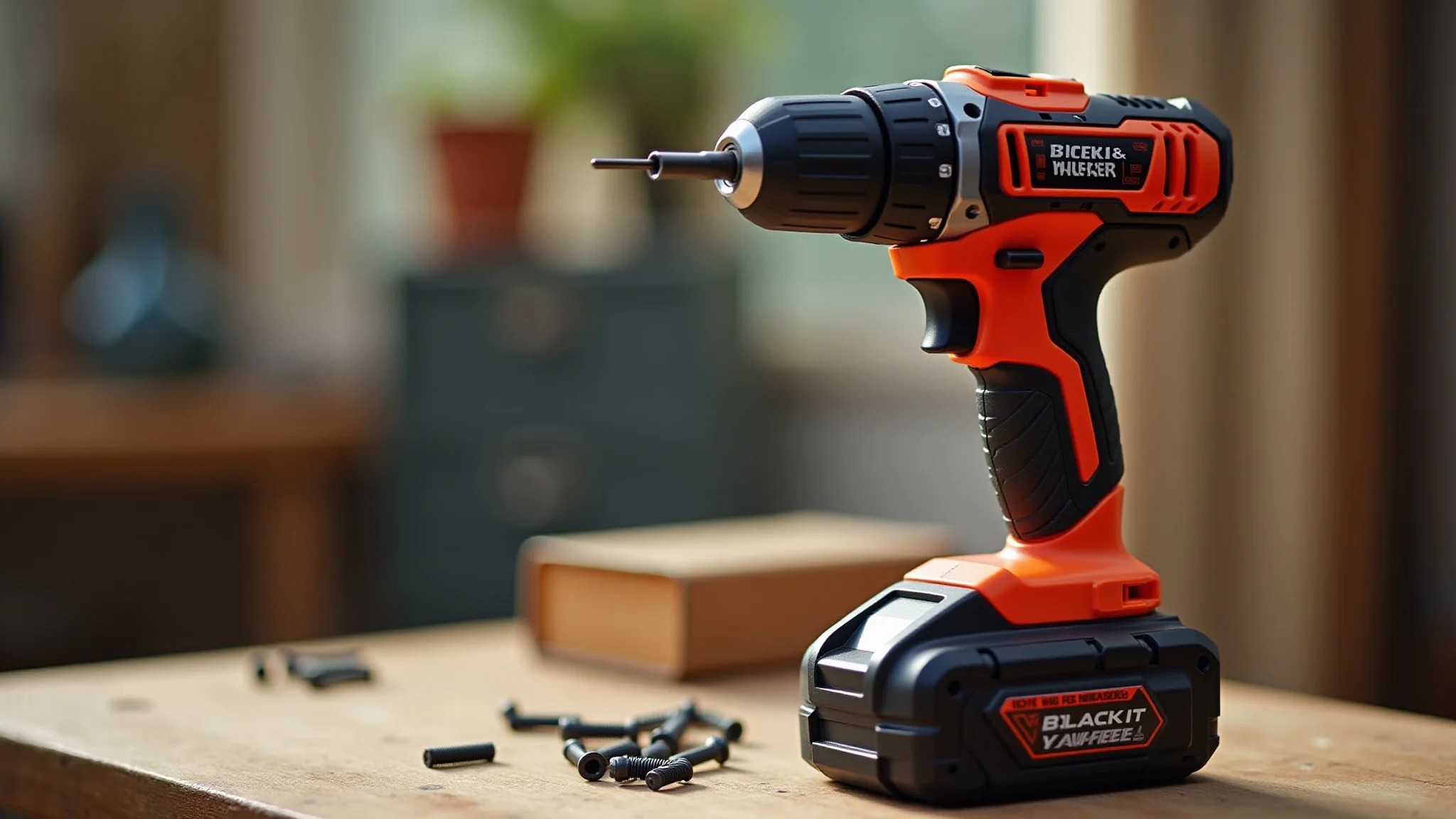 Parafusadeira a bateria Black+Decker em bancada com parafusos.