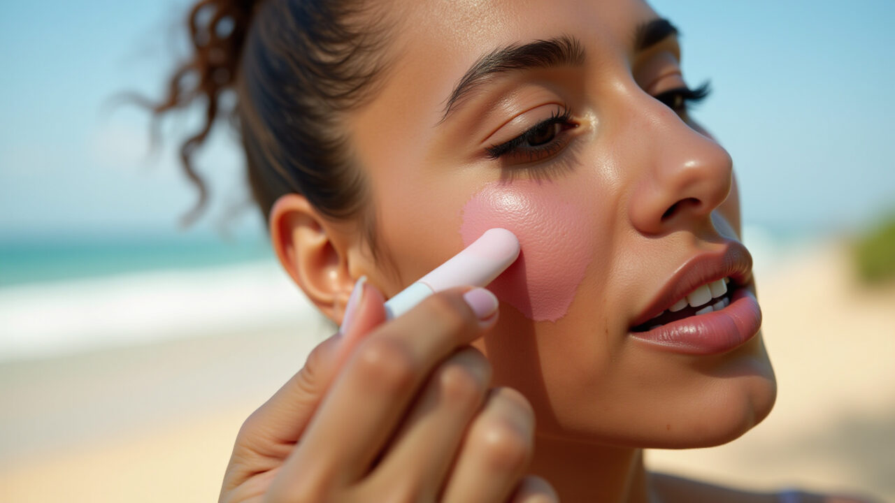 Mulher aplicando blush cremoso nas bochechas na praia.