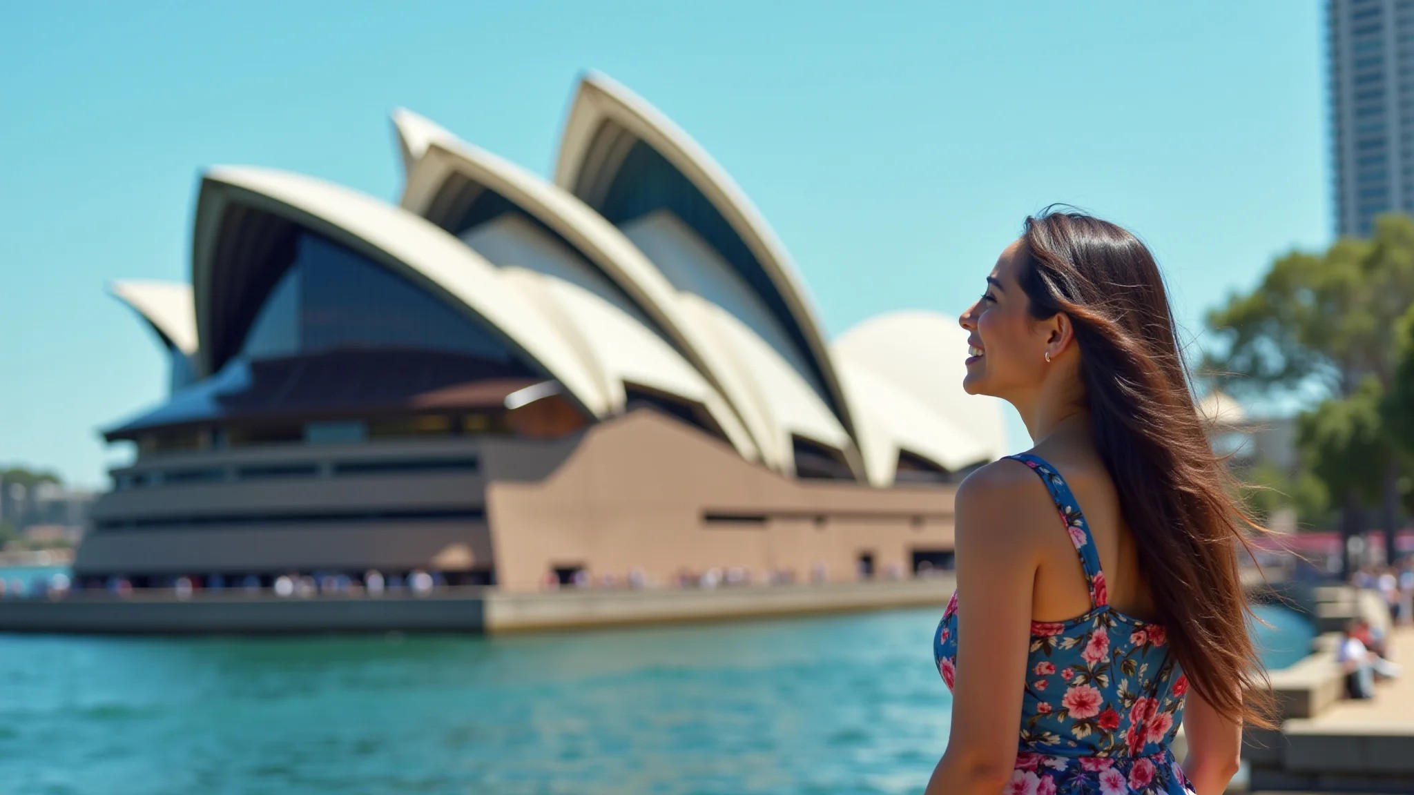 Brasileira explorando Sydney, Austrália, com a Ópera ao fundo.