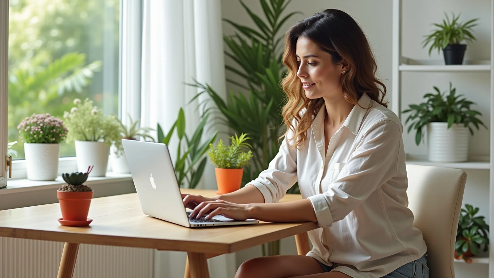 Mulher brasileira trabalhando em home office fresco e confortável com camisa de linho e shorts.