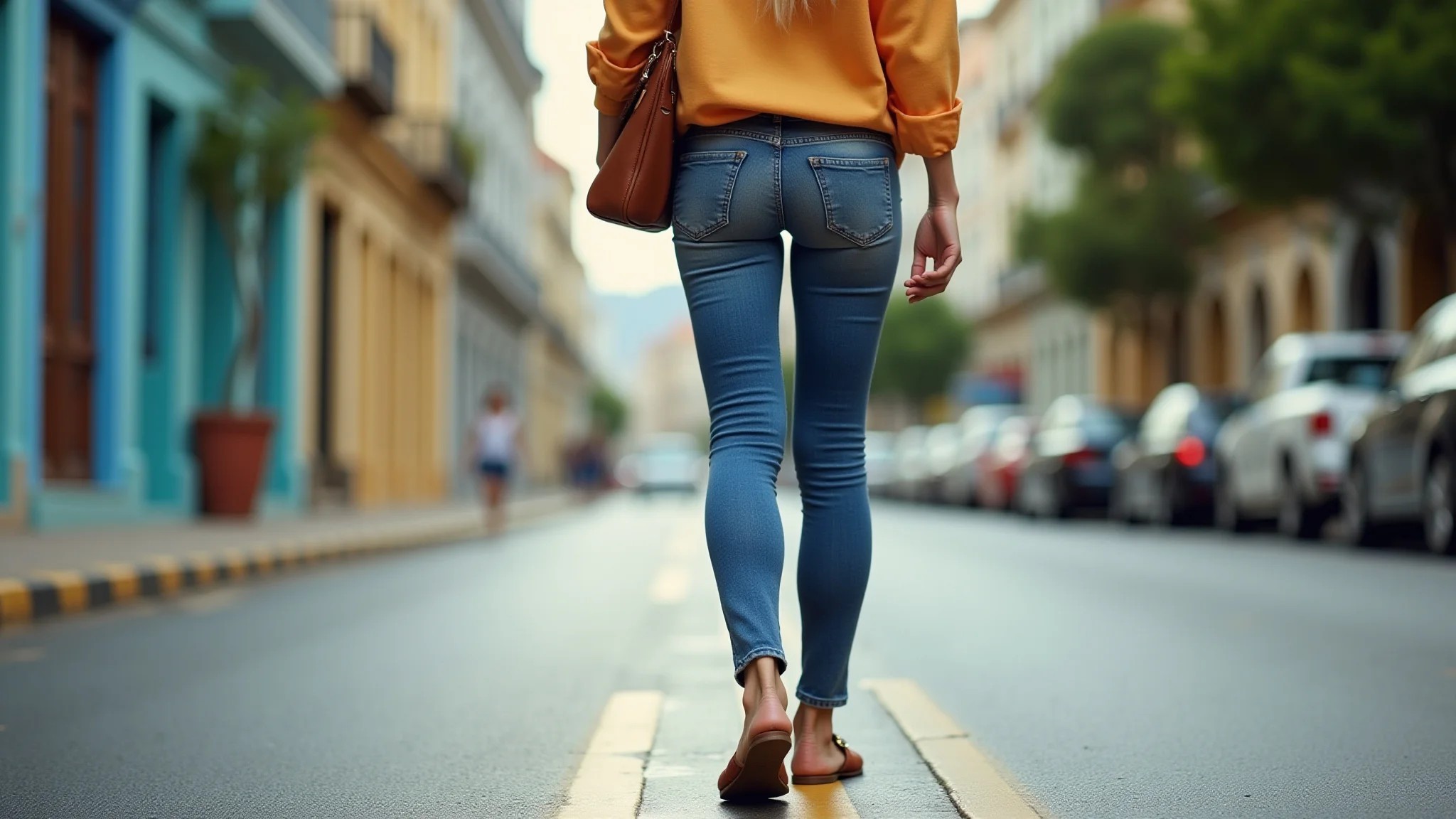 Mulher brasileira com jeans skinny e mule andando em rua ensolarada no Rio, estilo casual chic.