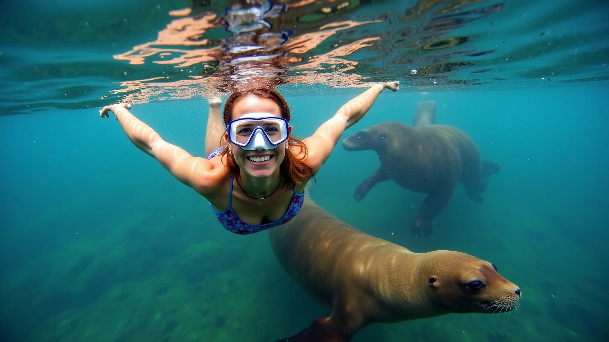 Brasileira mergulhando com leões marinhos nas Ilhas Galápagos.