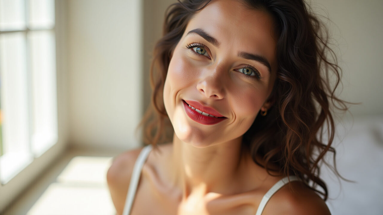 Mulher com batom vermelho e maquiagem minimalista.