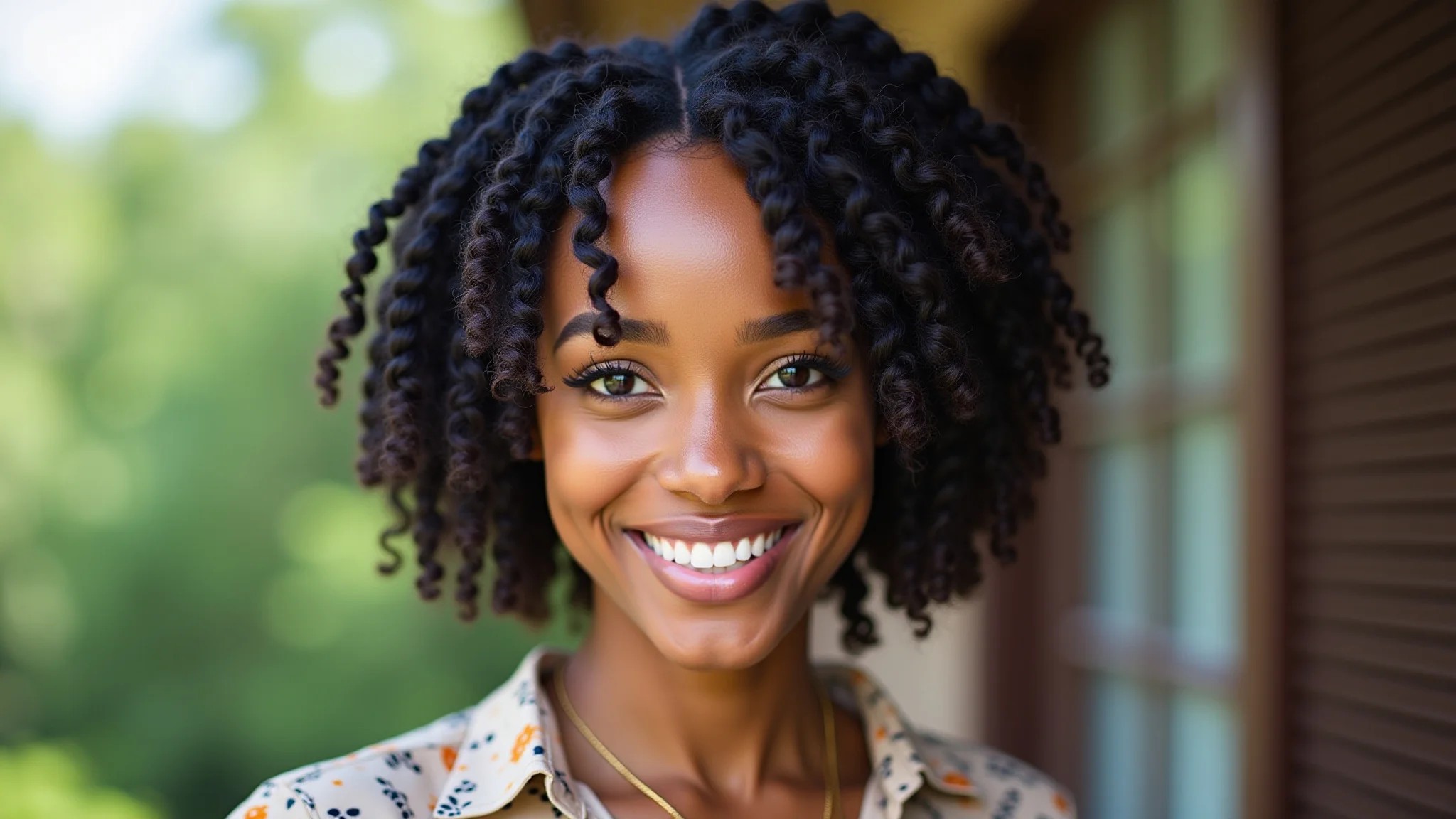 Mulher com cabelo crespo curto e box braids coloridas.