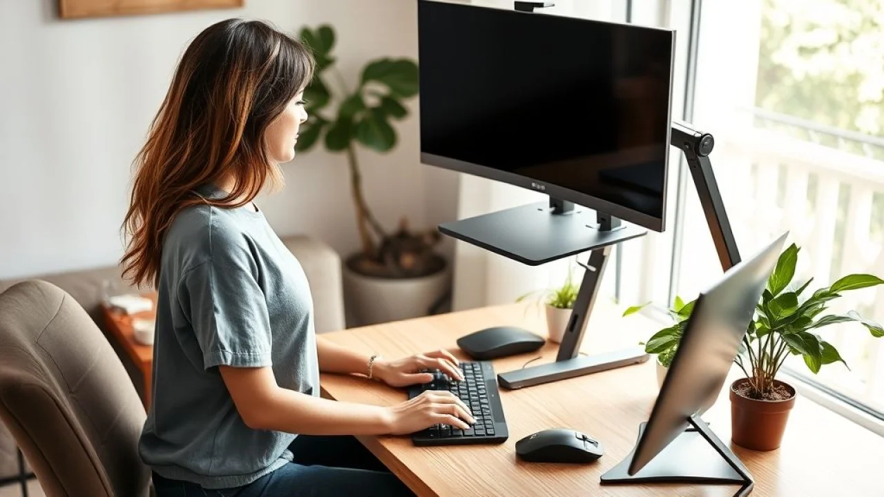Brasileira trabalhando em casa com notebook em suporte e postura ergonômica correta.