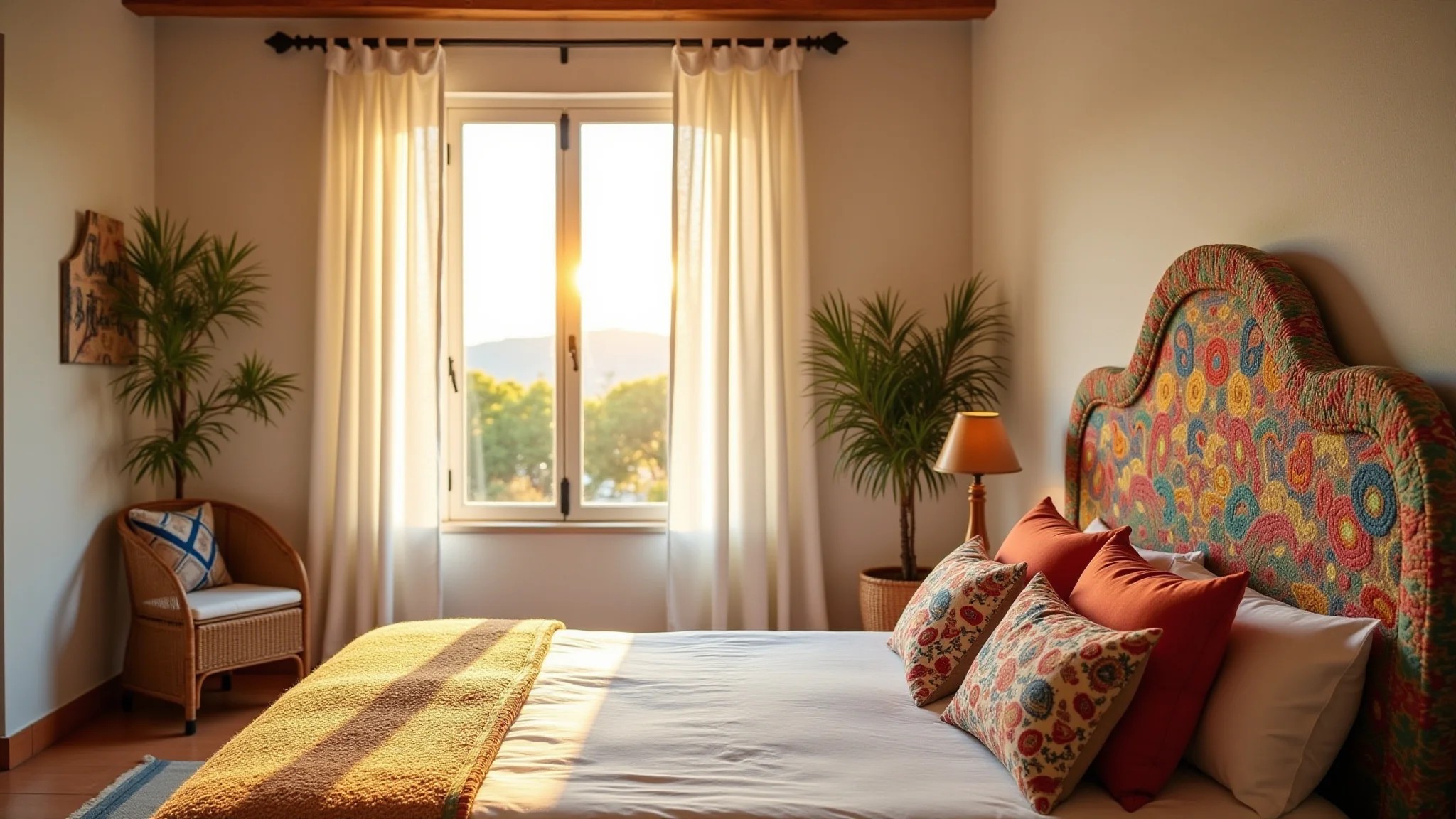 Quarto arejado com cabeceira estampada e tecidos de inspiração brasileira.