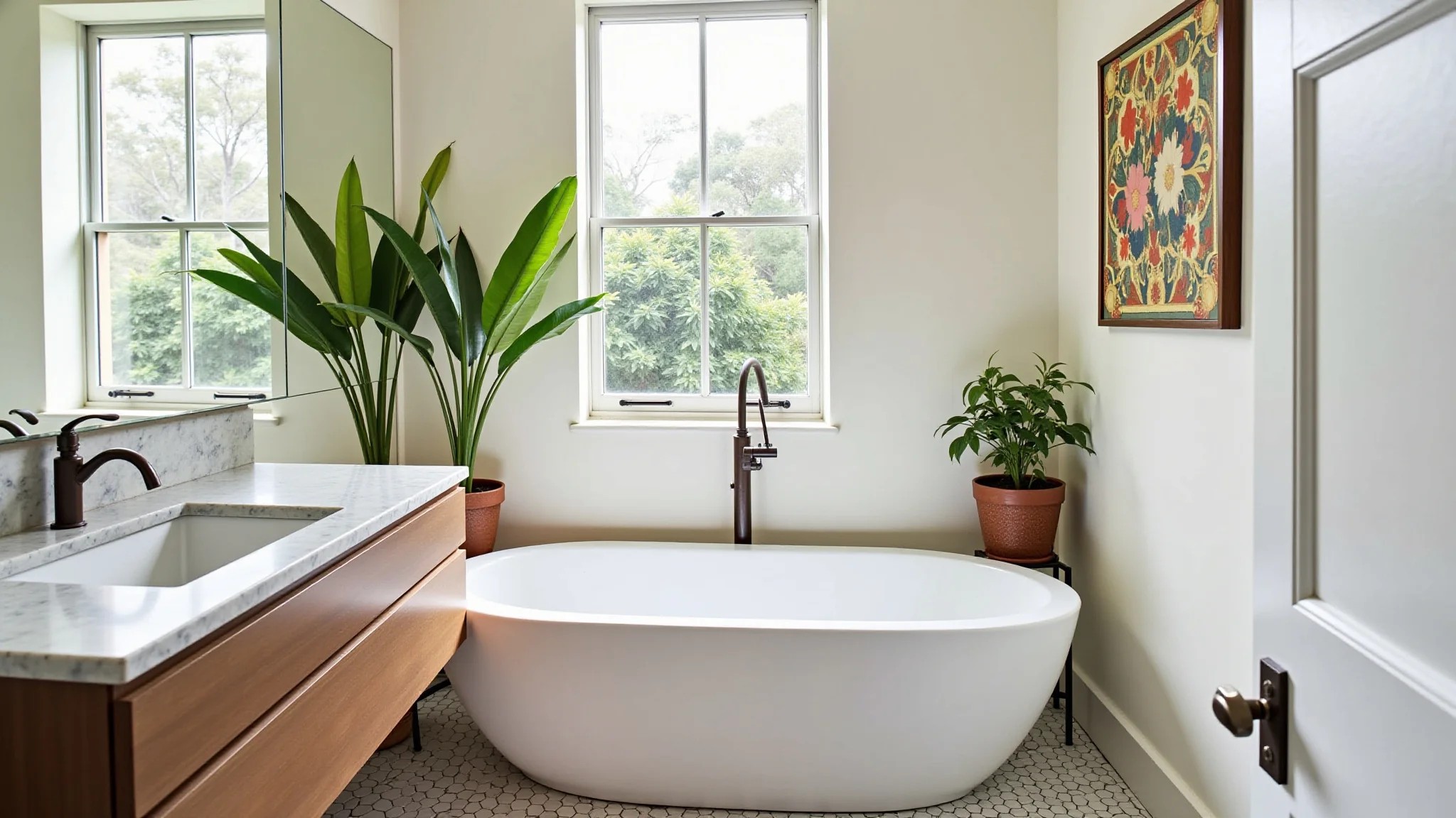 Banheiro iluminado com cuba de cimento marmorato DIY, plantas e decoração brasileira.
