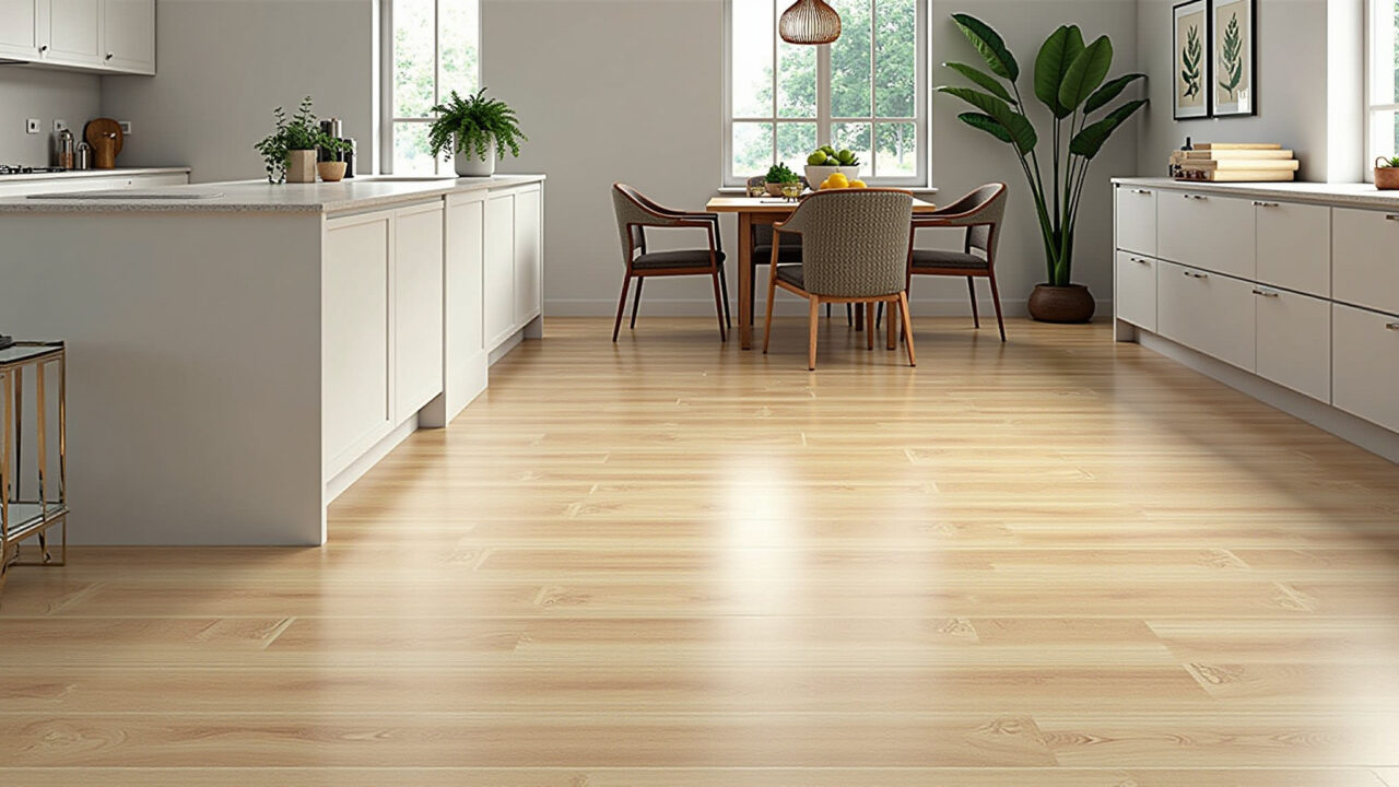 Cozinha iluminada com porcelanato esmaltado imitando madeira.