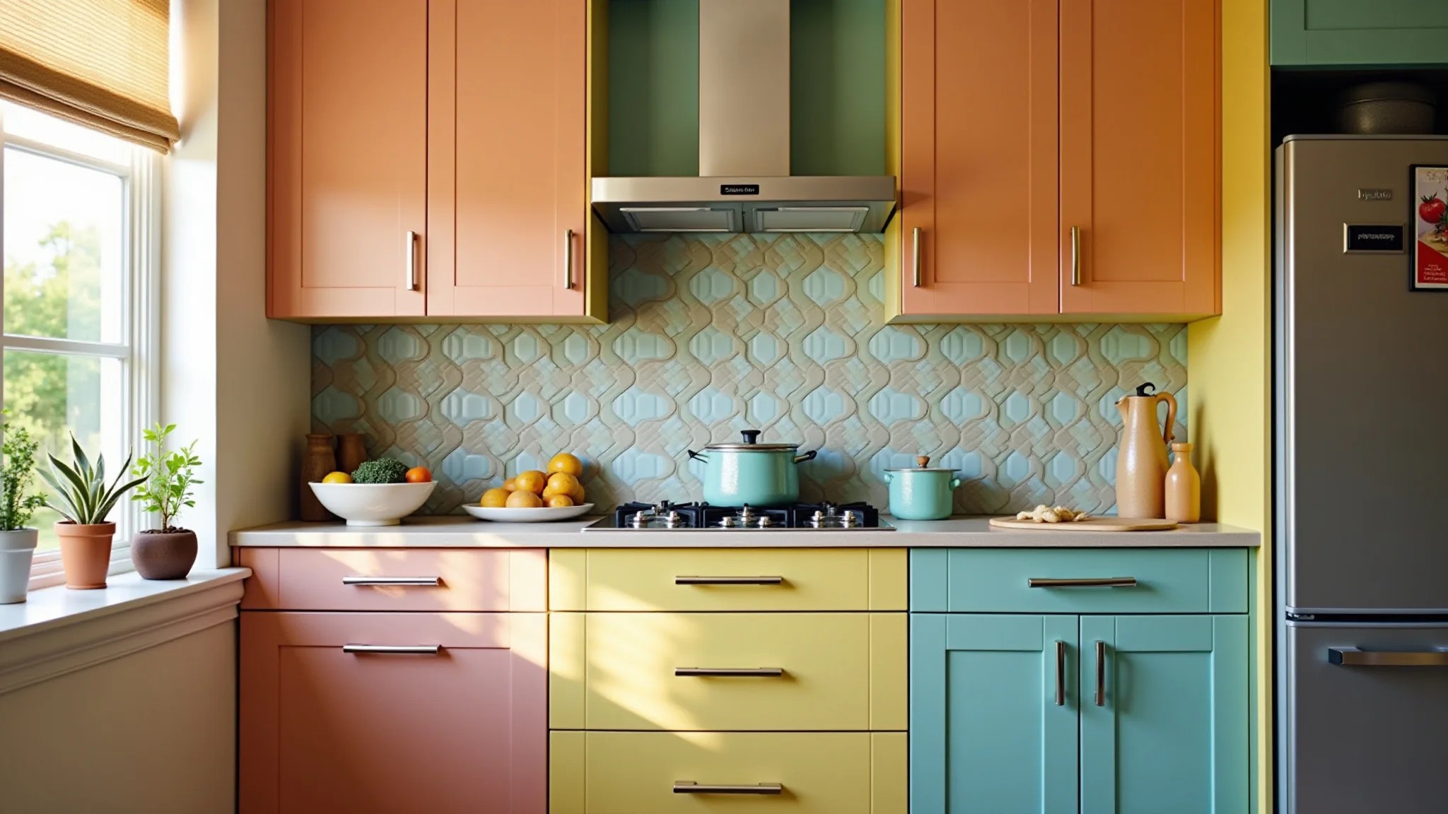 Cozinha iluminada com armários coloridos e backsplash de azulejo brasileiro.