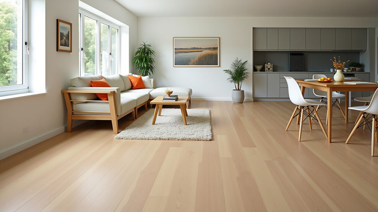 Sala de estar iluminada com piso LVT imitando madeira.